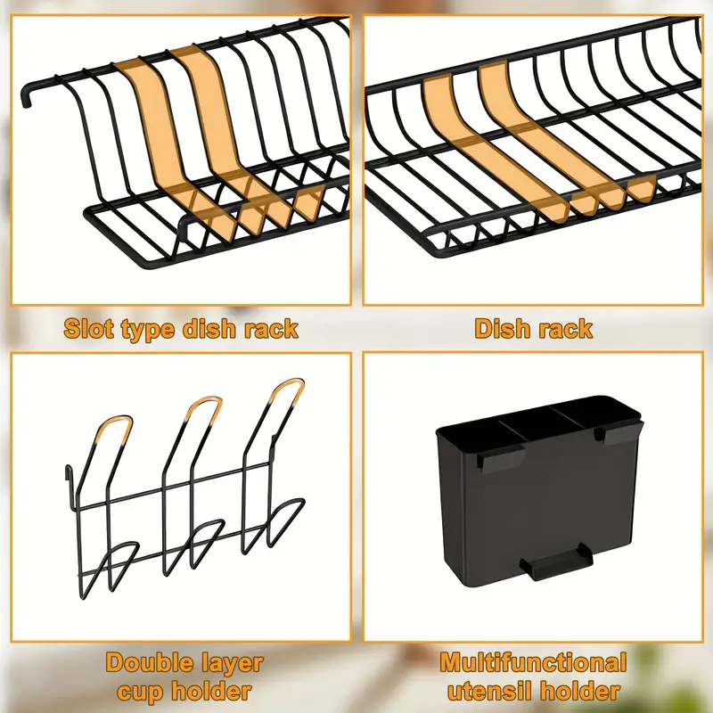 1pc dish drying rack 2 tier rack with for kitchen countertop dish drainer with utensil holder and cup holder space saving roud shape decorate black Product details 3