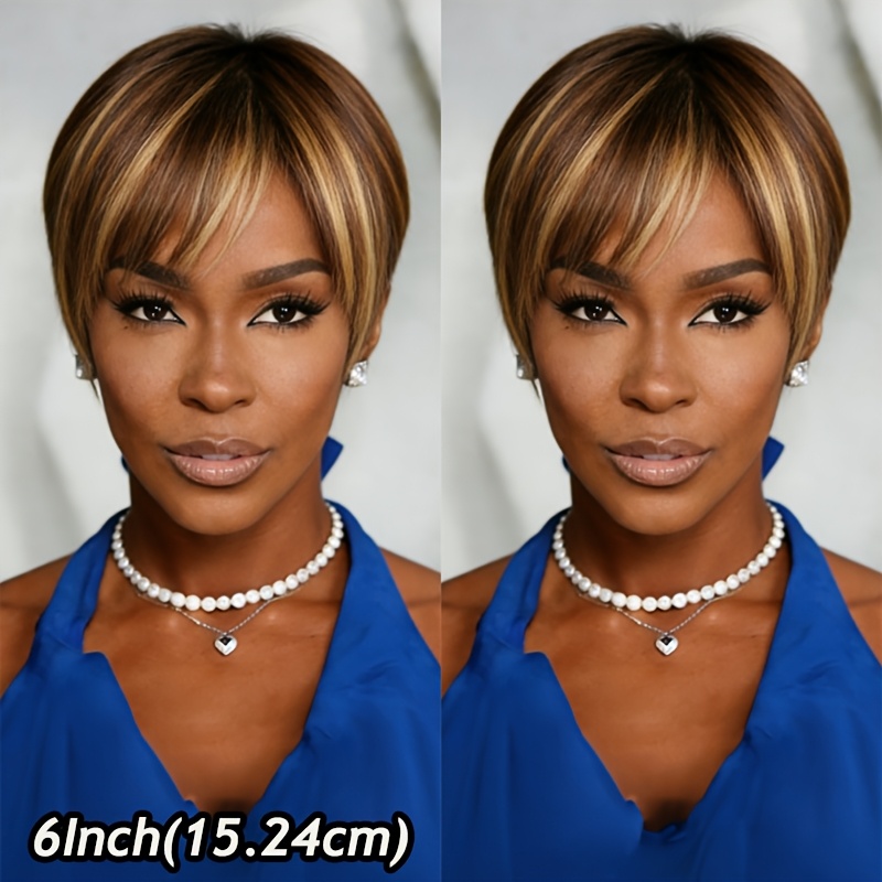 Image of Elegant Short Straight Wigs Human Hair With Bangs For Women /blonde Highlights P4/27 Color 150% Density Straight Haircut Wigs Natural Looking Non Lace Wig For Daily Wear & Party Use