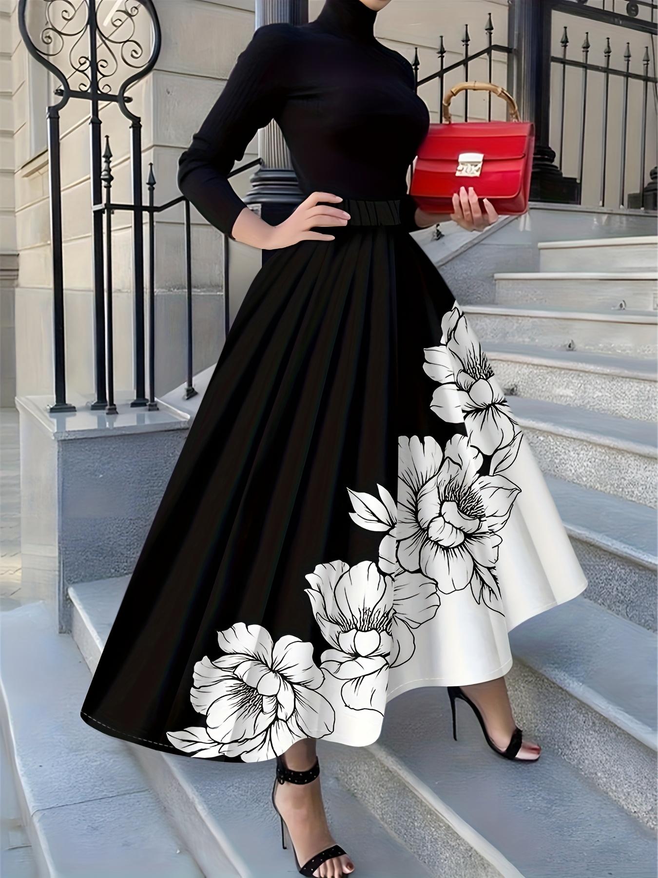Vacation Style Black And White Floral Print Skirt