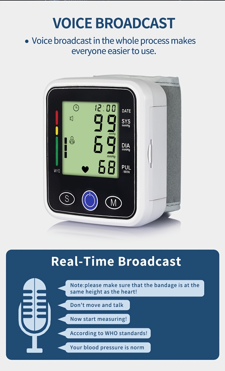 wrist blood pressure monitor sphygmomanometer voice large screen display heart rate and blood pressure dual detection suitable for family   management prevention of cardiovascular disease 2x99 group reading storage without battery Product details 4