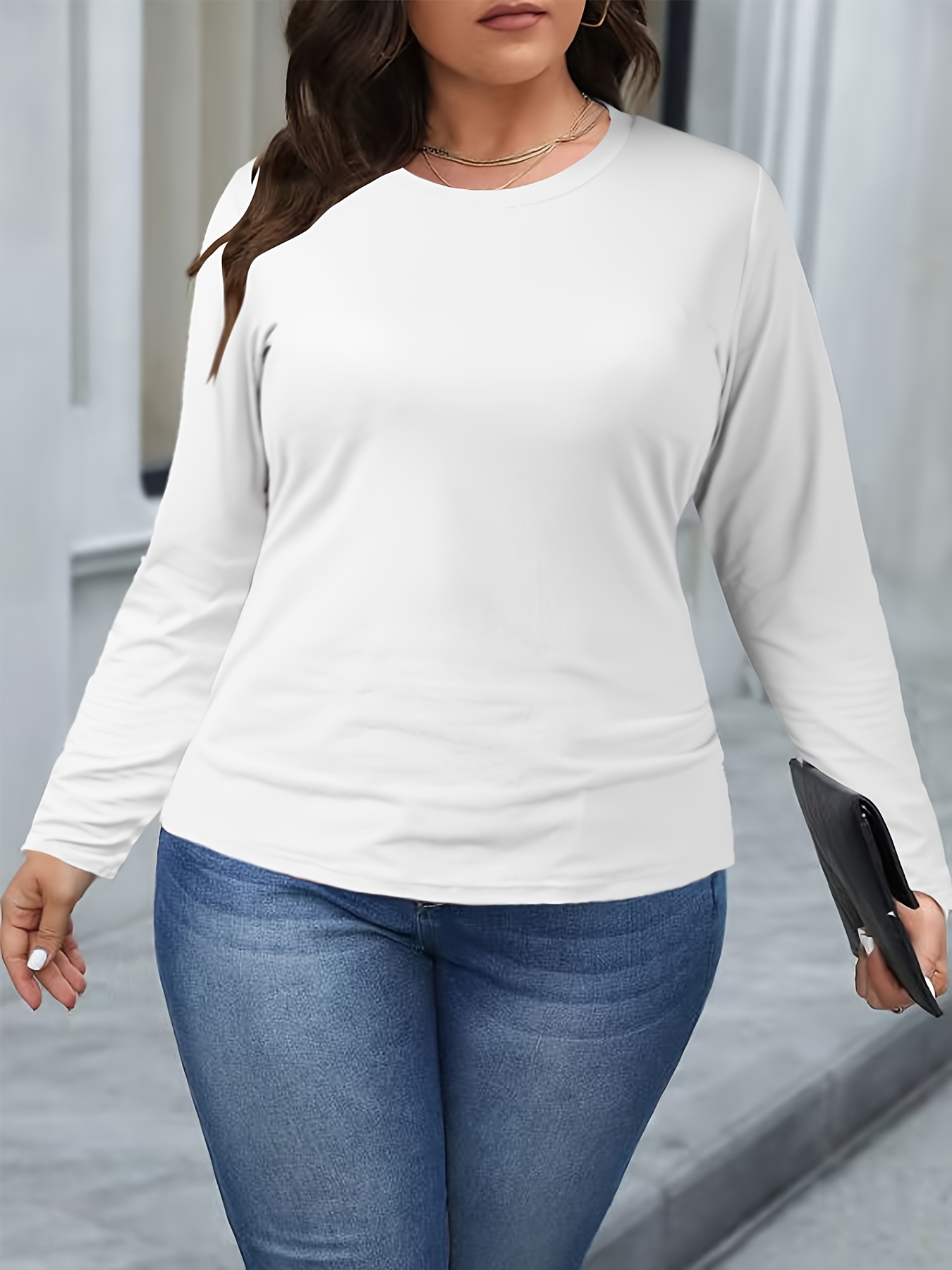Plus Size, Dames Beige Mouw T-Shirt Niet-Doorzichtige Dagelijkse  Formele Zachte Essentiële Top voor Laagjesdragen, Kantoor en Casual  Outfits