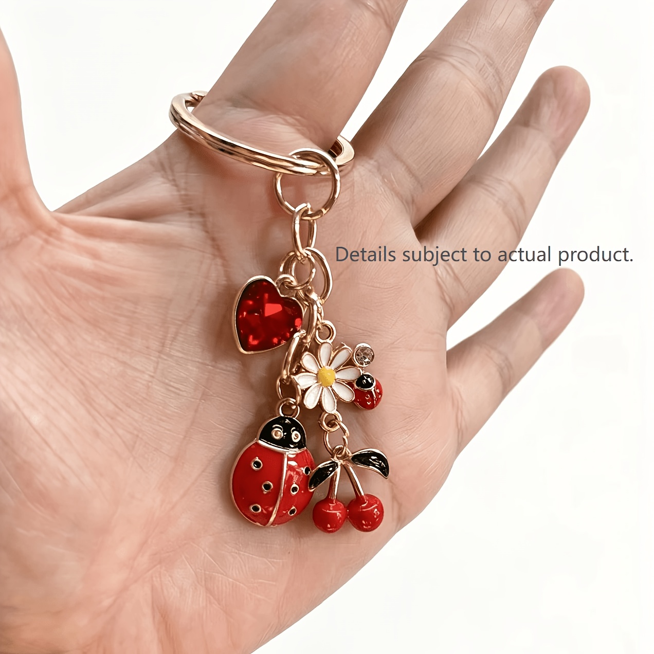 TEMU Enameled Alloy Ladybug Daisy Cherry Pendant, Cute Girly Backpack Charm, Exquisite Personal Accessory, Ladybug Keychain With Small Daisy, Cherry,