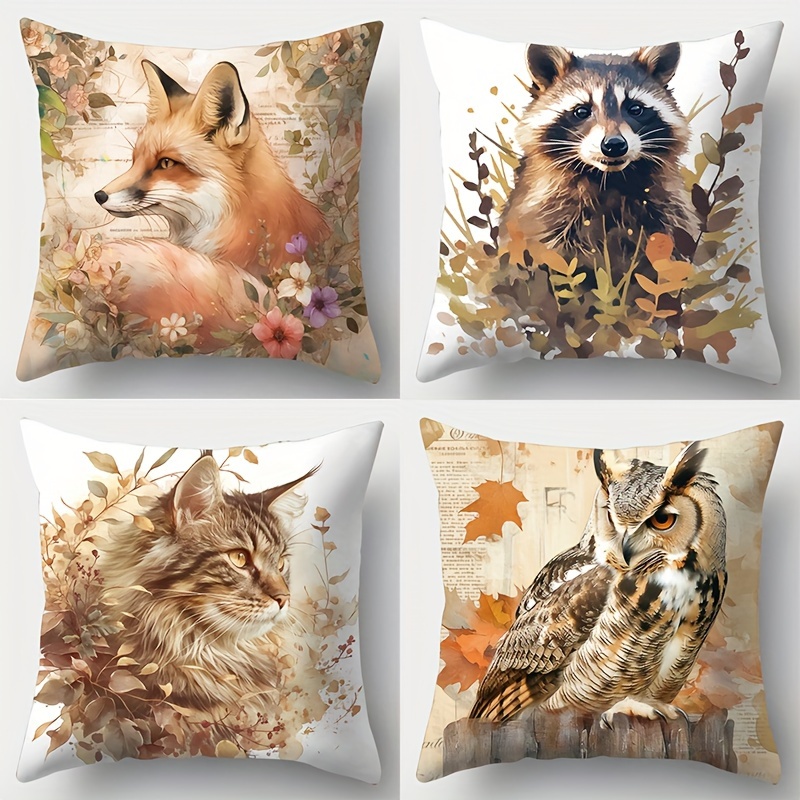 

4-piece Contemporary Throw Pillow Covers Set With Animal Prints - Fox, Raccoon, Owl, And Lynx Design, Soft Polyester Fabric, Hand Wash, Zipper Closure For Living Room Decor