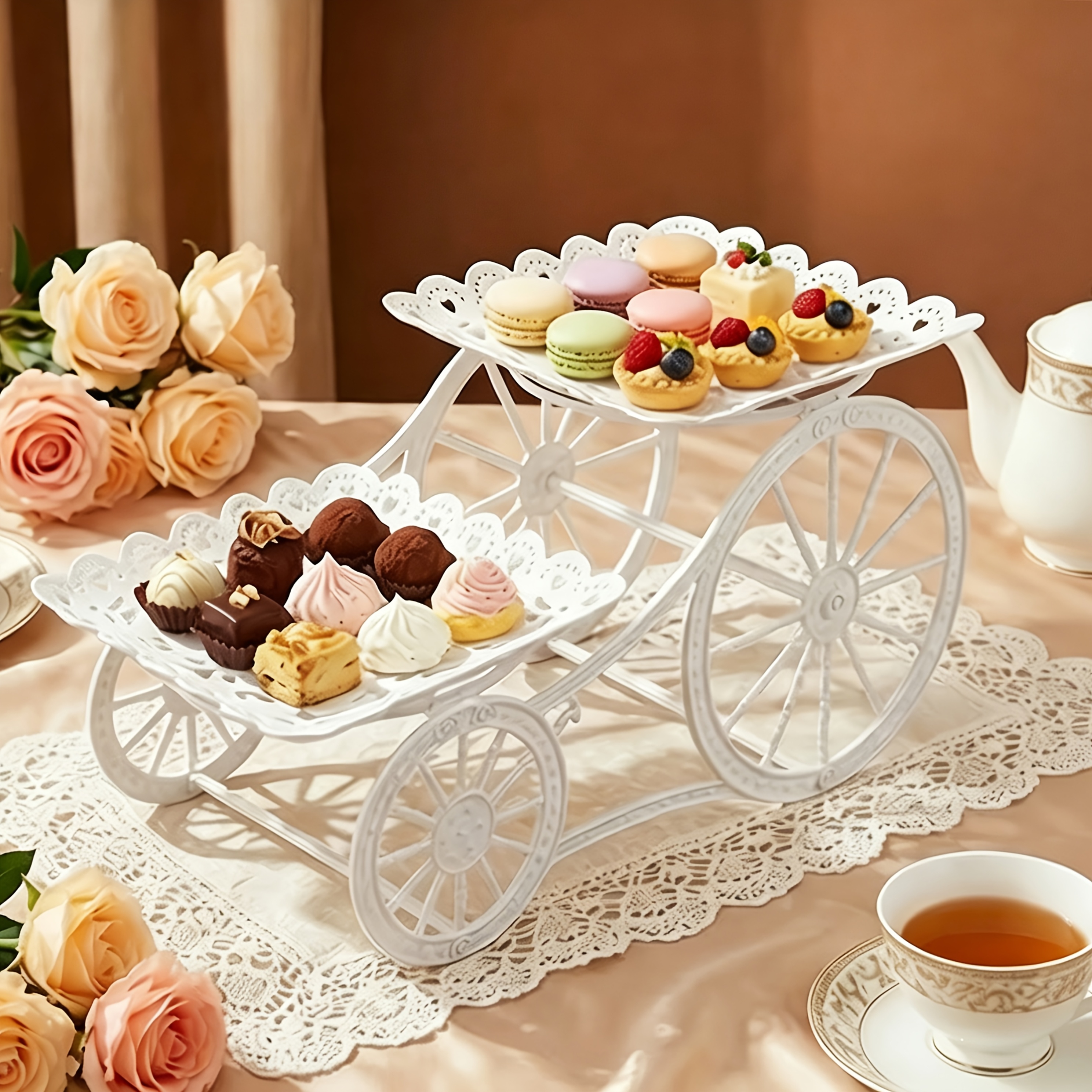 Image of 2-tier White -style Dessert Stand, Ideal For Indoor Afternoon Tea Treat Display
