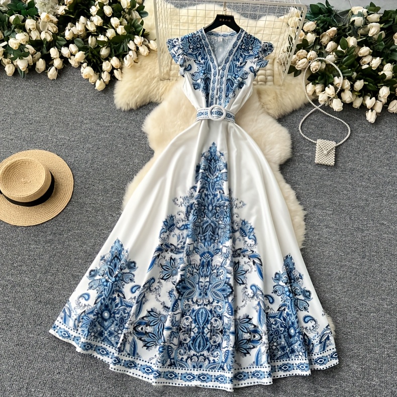 vintage style printed long dress with v neck single breasted closure and decorative details   adult   casual attire vintage dress single breasted dress Product details 3