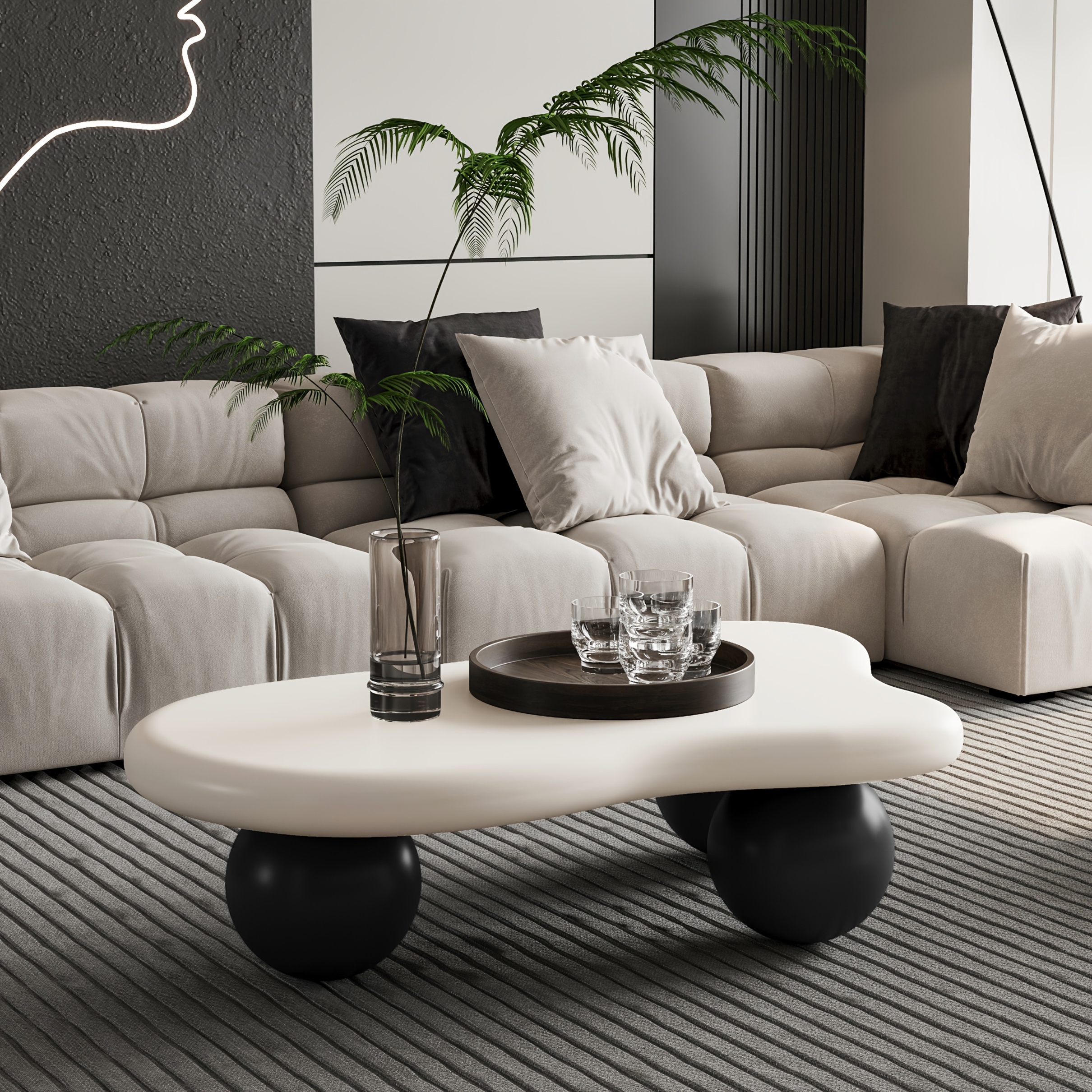 40 Inch Cloud Shaped Coffee Table with 3 Ball Legs Modern Irregular Accent Table White Top Black Legs Sturdy MDF Construction Smooth Curved Corners Child Pet Friendly Easy Assembly Spacious Surface for Living Room Bedroom Apartment Home