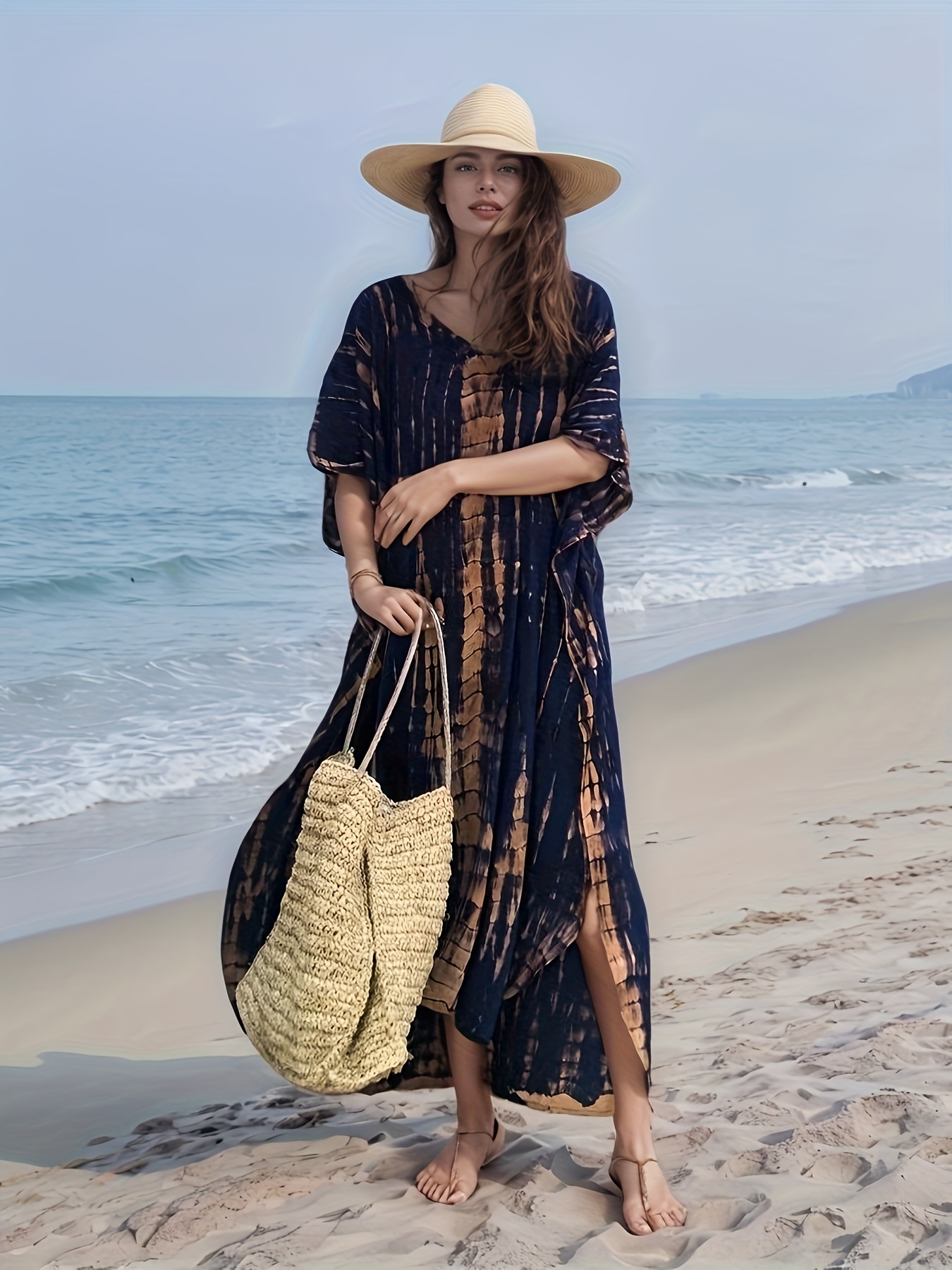 womens bohemian printed v neck beach cover dress batwing - Temu
