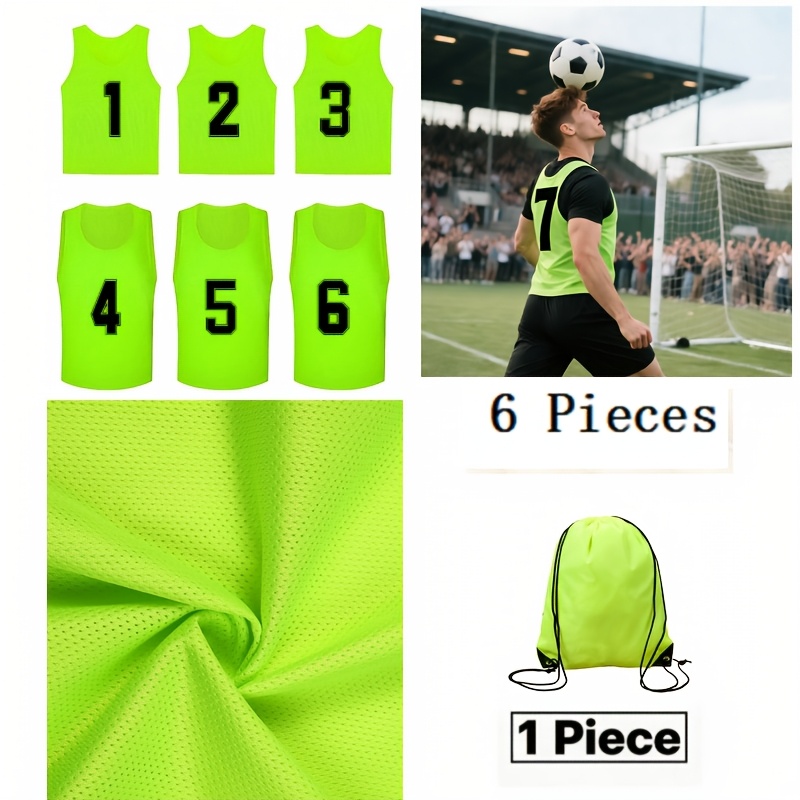 TEMU 7pcs Sports Set: 6pcs Reversible Numbered Vests + 1 Storage Bag. Made Of Fine Mesh Fabric, Team Sports Training Vests Are Suitable For Athletic