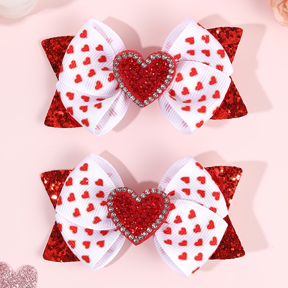 TEMU 2pcs Red And White Heart Pattern Glitter Bow Hair Clips With Bling Rhinestone Heart Accent, Galentine's Day Outfit Hair Decor, Cute Teen