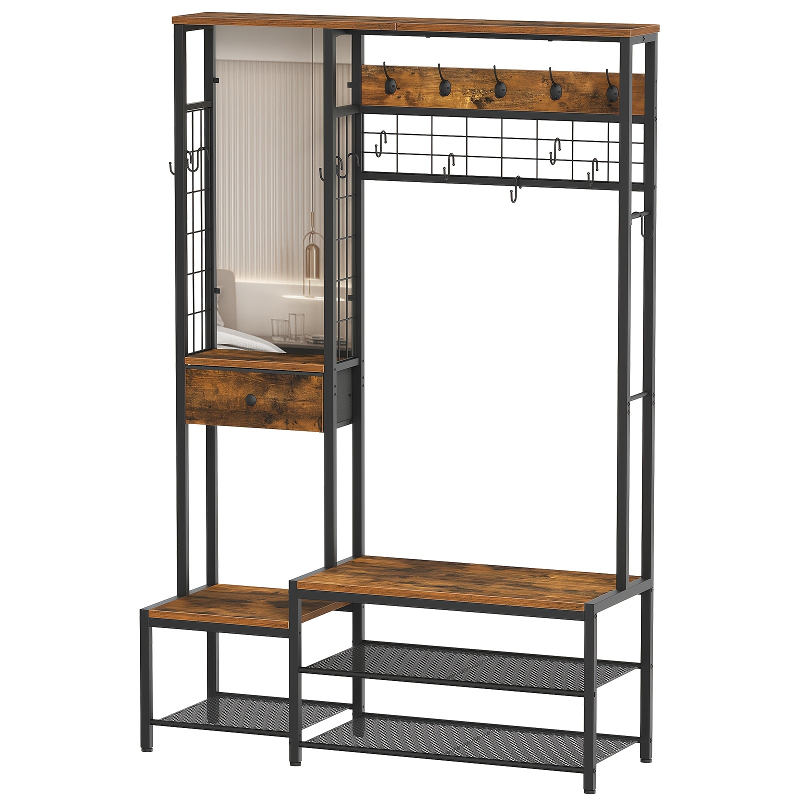 Image of Hallway Rack, Coat Rack With Mirror, Shoe Bench And 5 Coat Hooks, Storage Rack With Fabric Drawers And 10 S-hooks, Suitable For Hallway, Bedroom, Living Room, Vintage Color And Black
