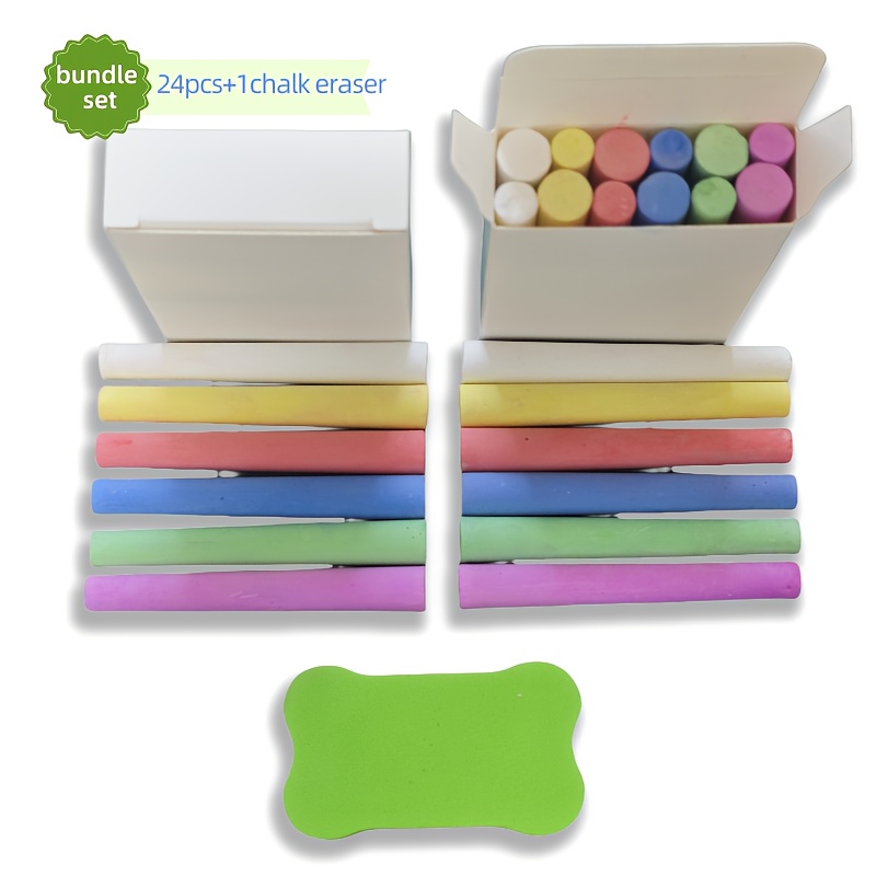 TEMU 2 Boxes Of 6 Colors, Totaling 24 Washable Chalk Pieces, Including A Free Chalk Eraser. Colorful Sidewalk Chalk, Teacher's Blackboard Chalk,