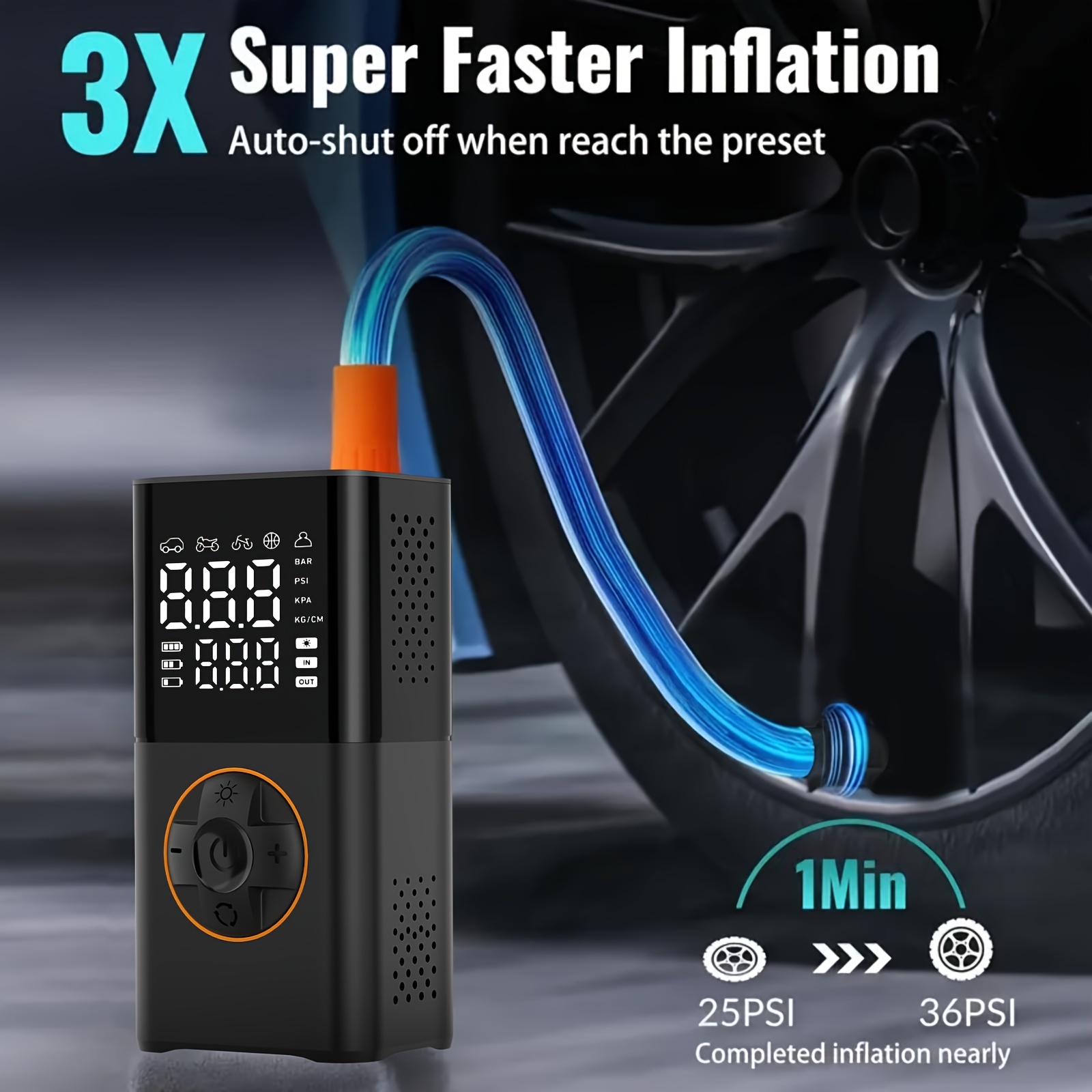 TEMU Tire Inflator Portable Air Compressor, Fast Cordless Air Pump, Digital Display With Nozzle Adapter And Long-lasting Lithium Battery, For Car/ Motorcycle/ Bicycle/ / Auto Parts