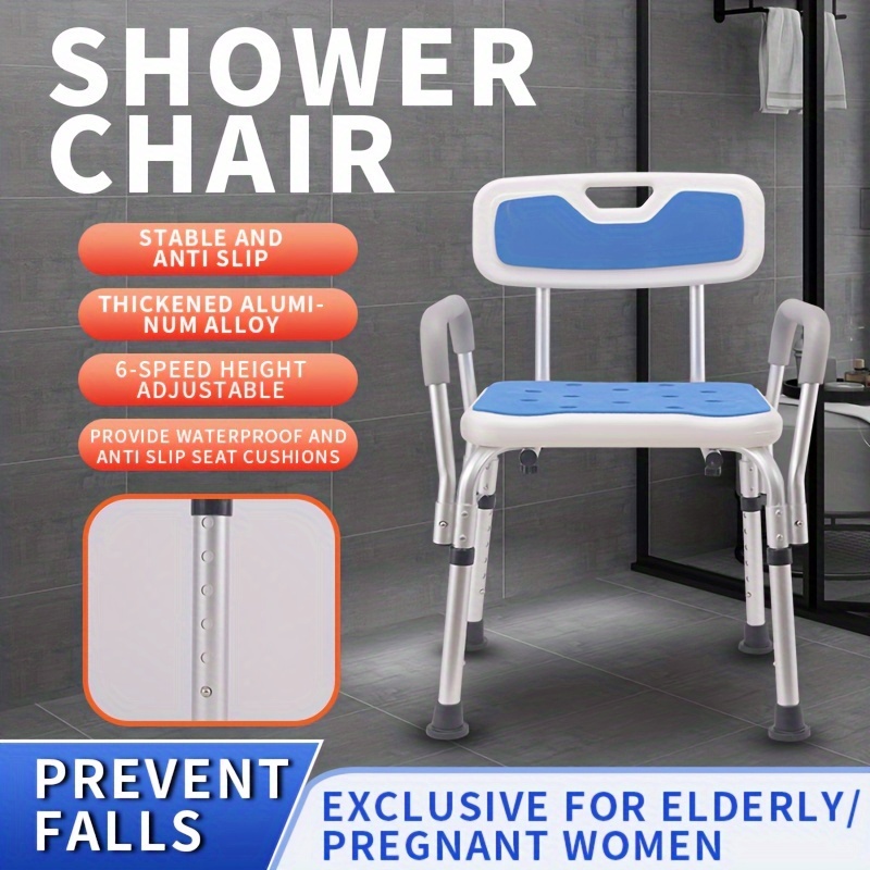 

1pc Adjustable Shower Chair With Backrest And Armrests, 6-height Lightweight Aluminum Bath Seat, 200kg Capacity, Anti-slip Feet, For Elderly And Pregnant Women, 42.5cm Width - Prevents Falls