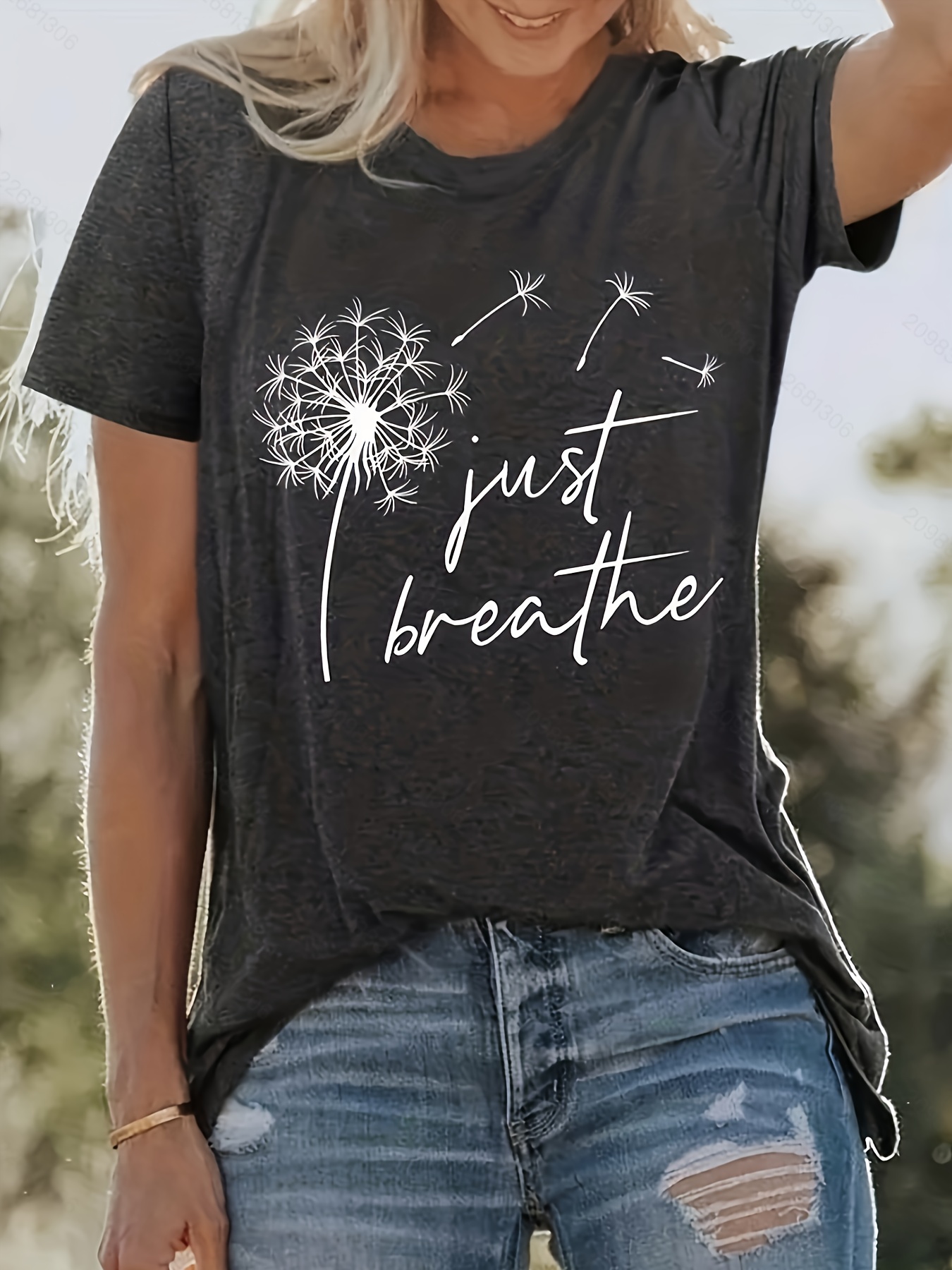 Just Breathe Dandelion Print T-shirt, Casual Crew Neck Short Sleeve T-shirt, Women'S Clothing