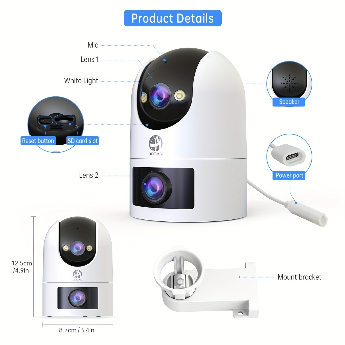   4k outdoor dual lens ptz wifi camera 5g compatible wall hanging 1296p video two way audio hd resolution application control   alerts color display usb power without battery for security monitoring details 15