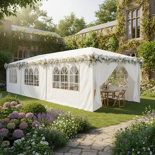 artikel foto 3x9m-3x6m buitenluifel met afneembare zijwanden, goede ventilatie, eenvoudig te installeren buitenmarktzeil, direct opzetbare feesttent met grondharingen, scheerlijnen voor feesten, terrassen, tuinhuisjes, noodonderkomens en marktkramen