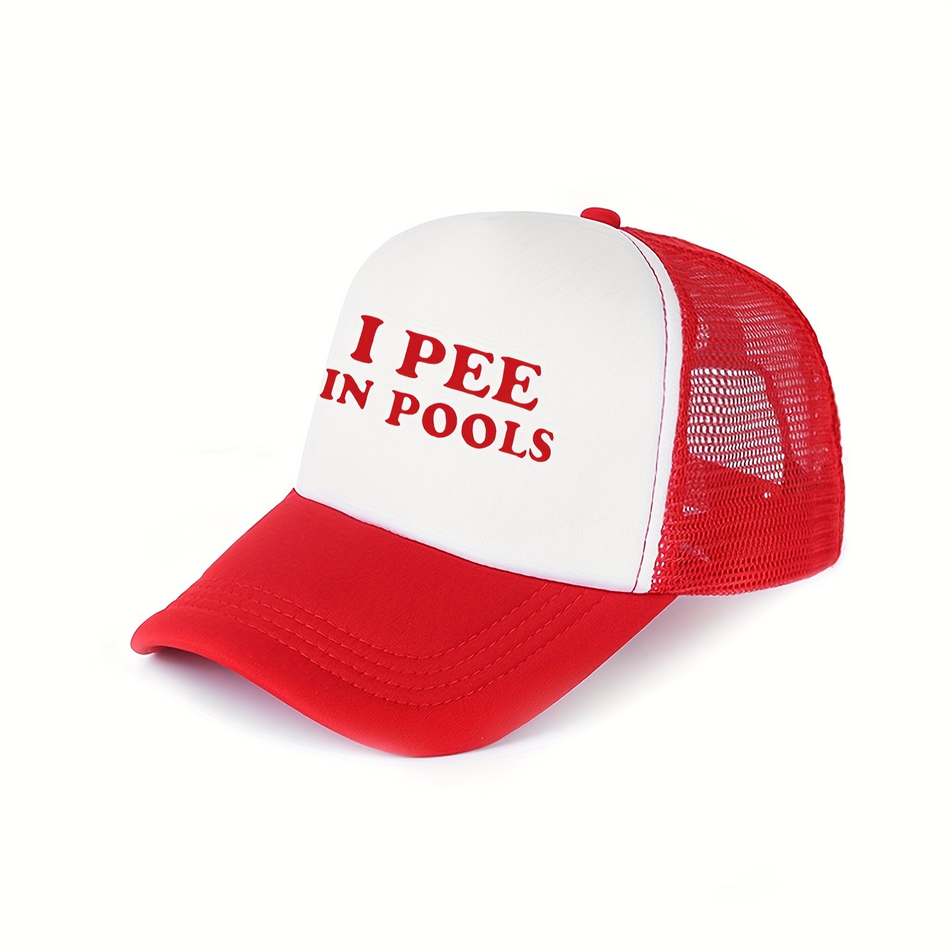 Image of A Unisex Casual Trucker Hat Featuring The Red Letters "i Pee In Pools" Is Suitable For Outdoor Activities And Everyday Wear, With An Adjustable And Comfortable Curved Brim