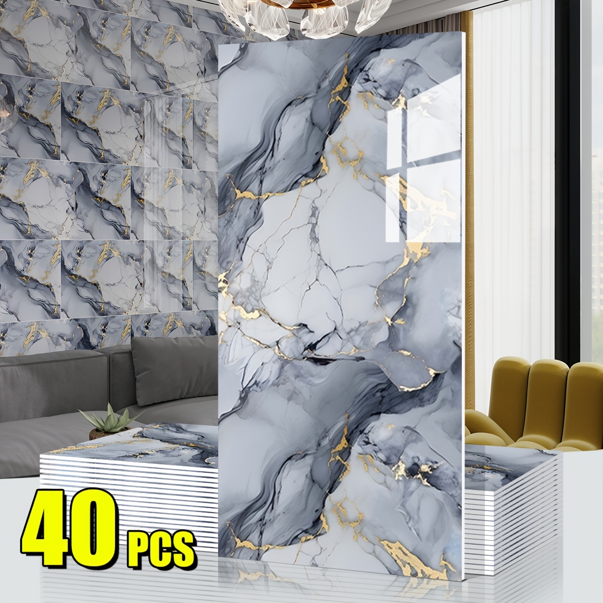 20/40-pack Self-adhesive Marble Wall Panels Set - Oversized /black Marble Sheets, Removable Vinyl Planks, Bathroom, Kitchen, Living Room - Glossy End, /remove