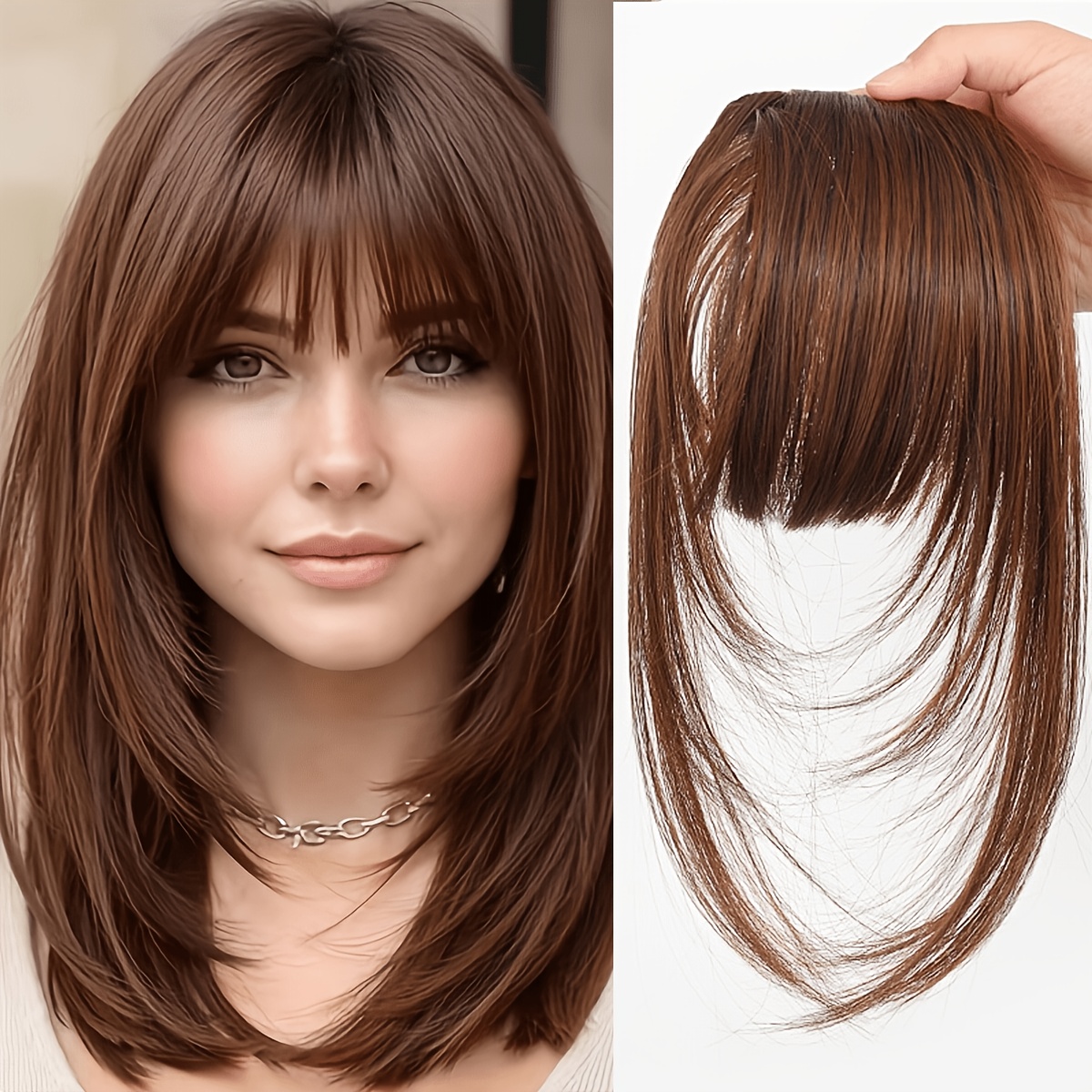 TEMU Rosmontis French Waterfall Bangs Hairpiece Suitable For Women - Clip-on Front Fringe Wig With Temples, Straight Hairpiece For Instant Hairstyle