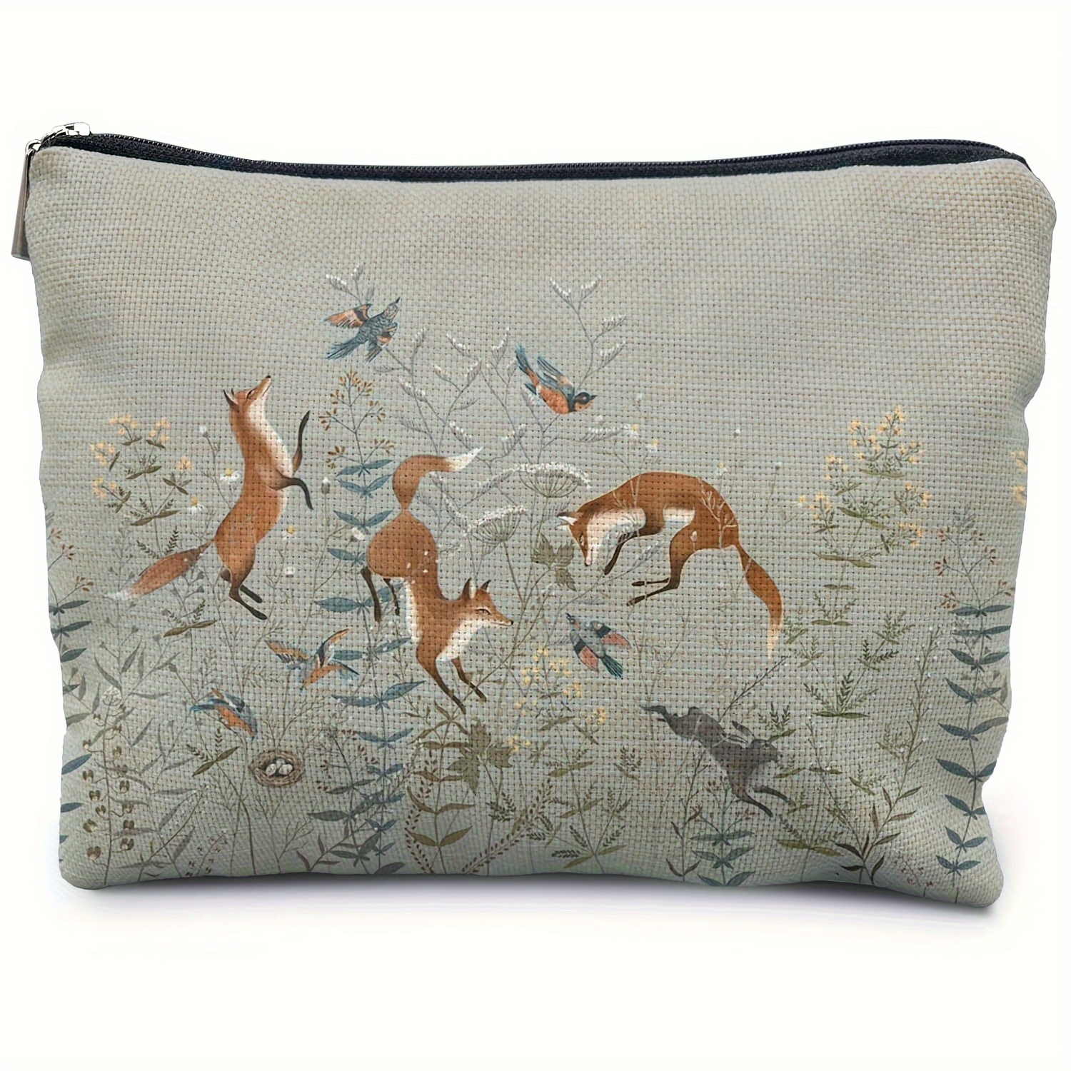 

Fox & Wildflowers Makeup Bag - Perfect Gift For Fox Enthusiasts, Women's Linen Cosmetic Pouch With Cottagecore Design