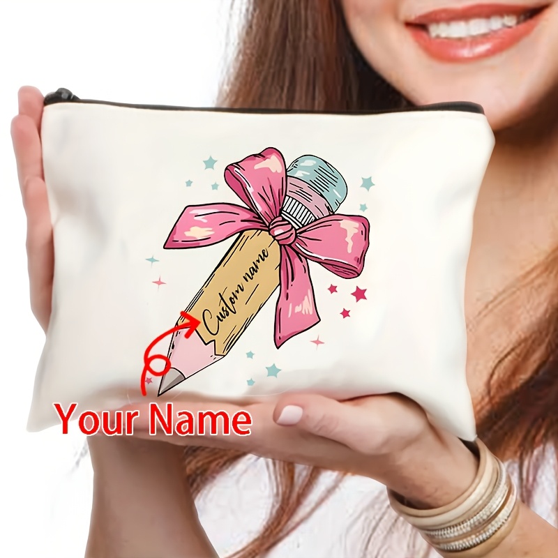 TEMU 1pc Custom Name Makeup Bag For Teachers - Personalized Pen Bag Lightweight Zippered Cosmetic Pouch With Bow , Fashionable Teacher Appreciation Gift, Back To School Supplies