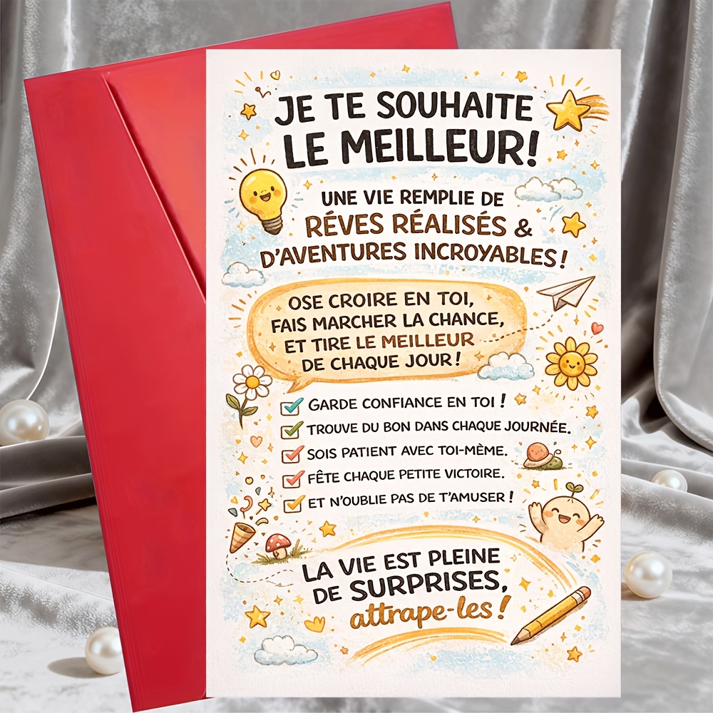 TEMU 1 Greeting Card + 1 Envelopebest Wishes Card French Inspirational Quote Positive Affirmations Encouragement Gift For Graduation