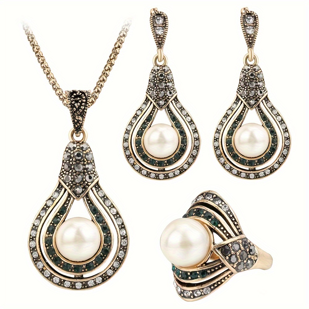 TEMU Vintage Tribal-inspired Zinc Alloy Jewelry Set With Imitation Pearl - Necklace, Drop Earrings, And Ring Set For Daily And Banquet Occasions