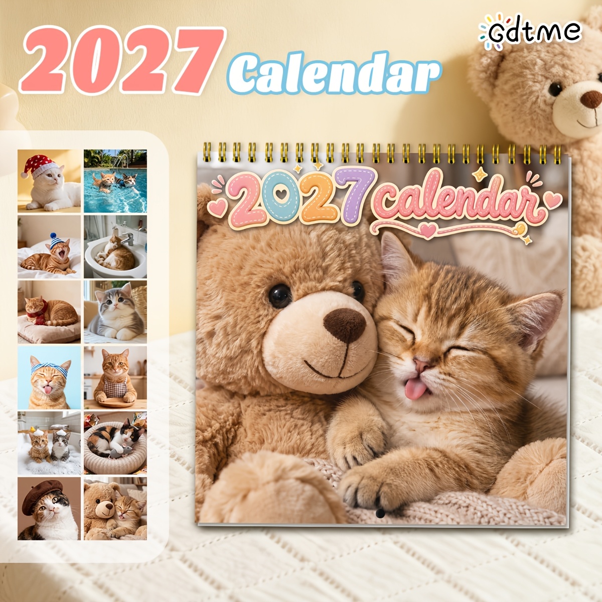 TEMU 1pc Cat & Teddy Bear Wall Calendar 2027 - Monthly Planner With Hanging Cover Suitable For, Office, School, Decor - Adorable Cat-themed Gift