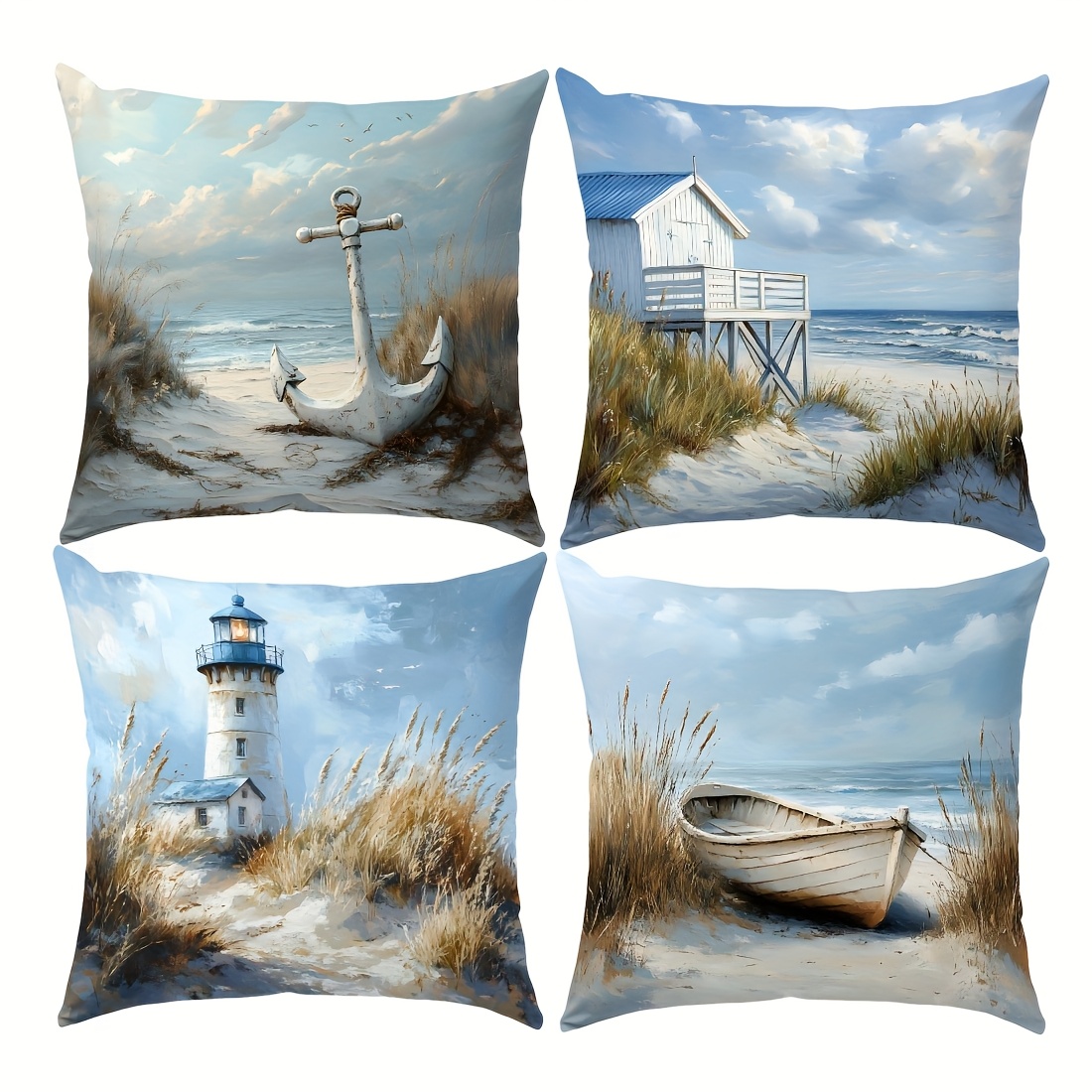 E-shop 4er-Set Kissenbezüge im Küsten-Charm-Stil - Anker, - & Boot-Designs auf Sandstrand - Quadrat, doppelseitiger Druck, mit Reißverschluss - Ideal