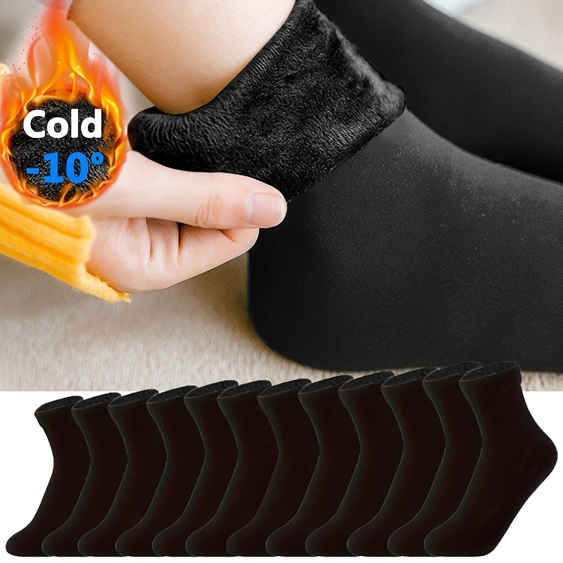 

10 Pairs Winter Warm Fleece-lined Ankle Socks, Solid Color Knit Polyester Spandex , Cozy Indoor Floor Socks, With Hand Washable For Winter