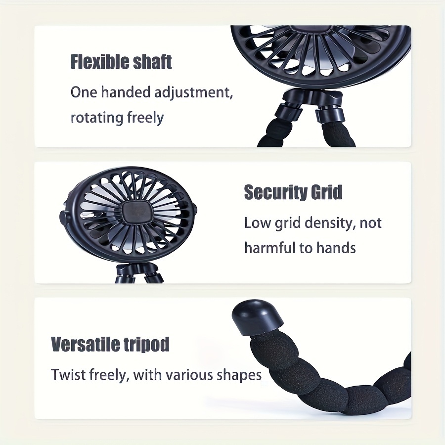 portable octopus shaped led light mini fan with flexible tripod stand usb rechargeable wearable fan quiet powerful for strollers outdoor table indoor use plastic material button control 500mah lithium battery details 4