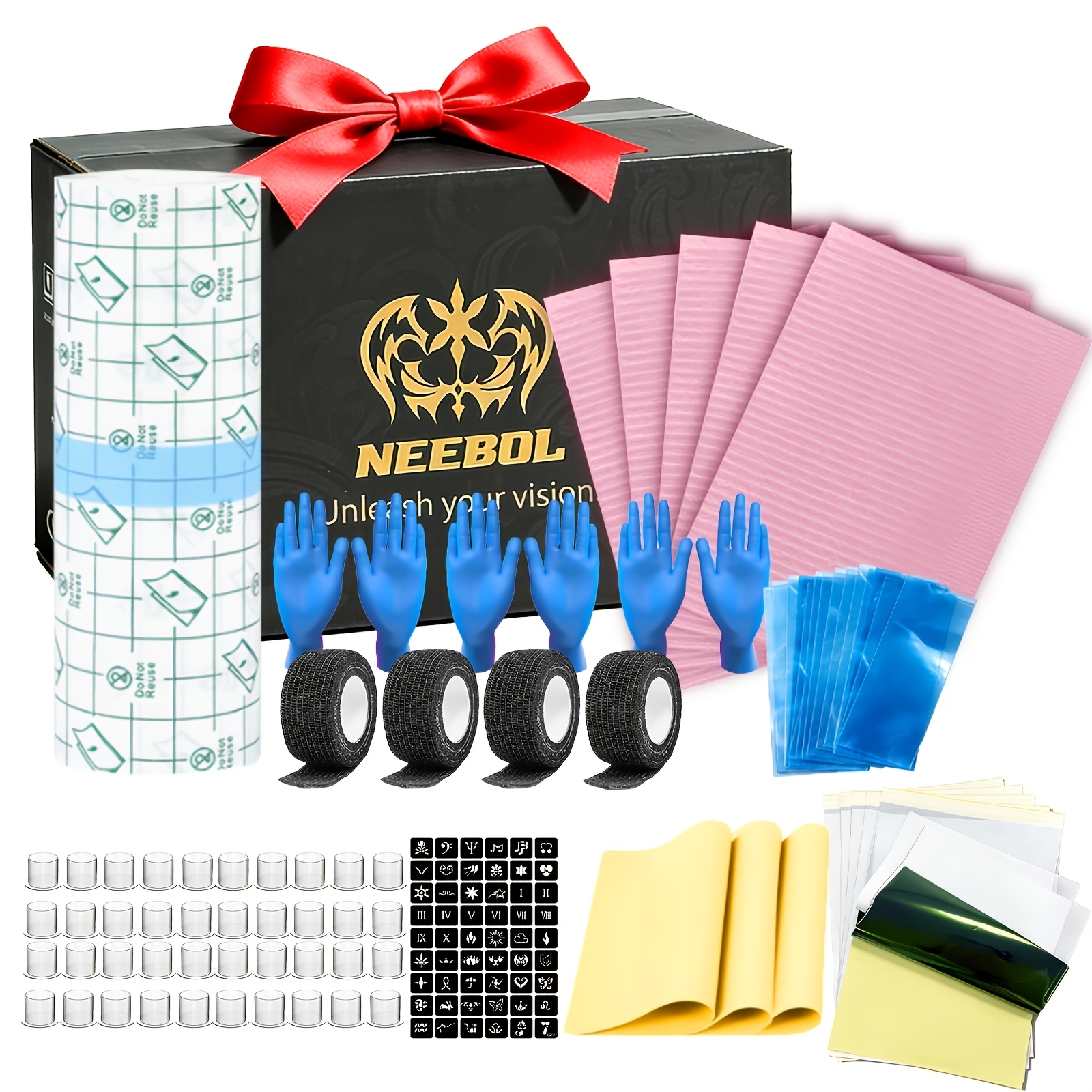 TEMU Neebol Practice -one Tattoo Complete Kit, Transparent Tattoo Film Roll, Disposable Tattoo Work Pads, Tattoo Stencil Sheets, Black Tattoo Grip