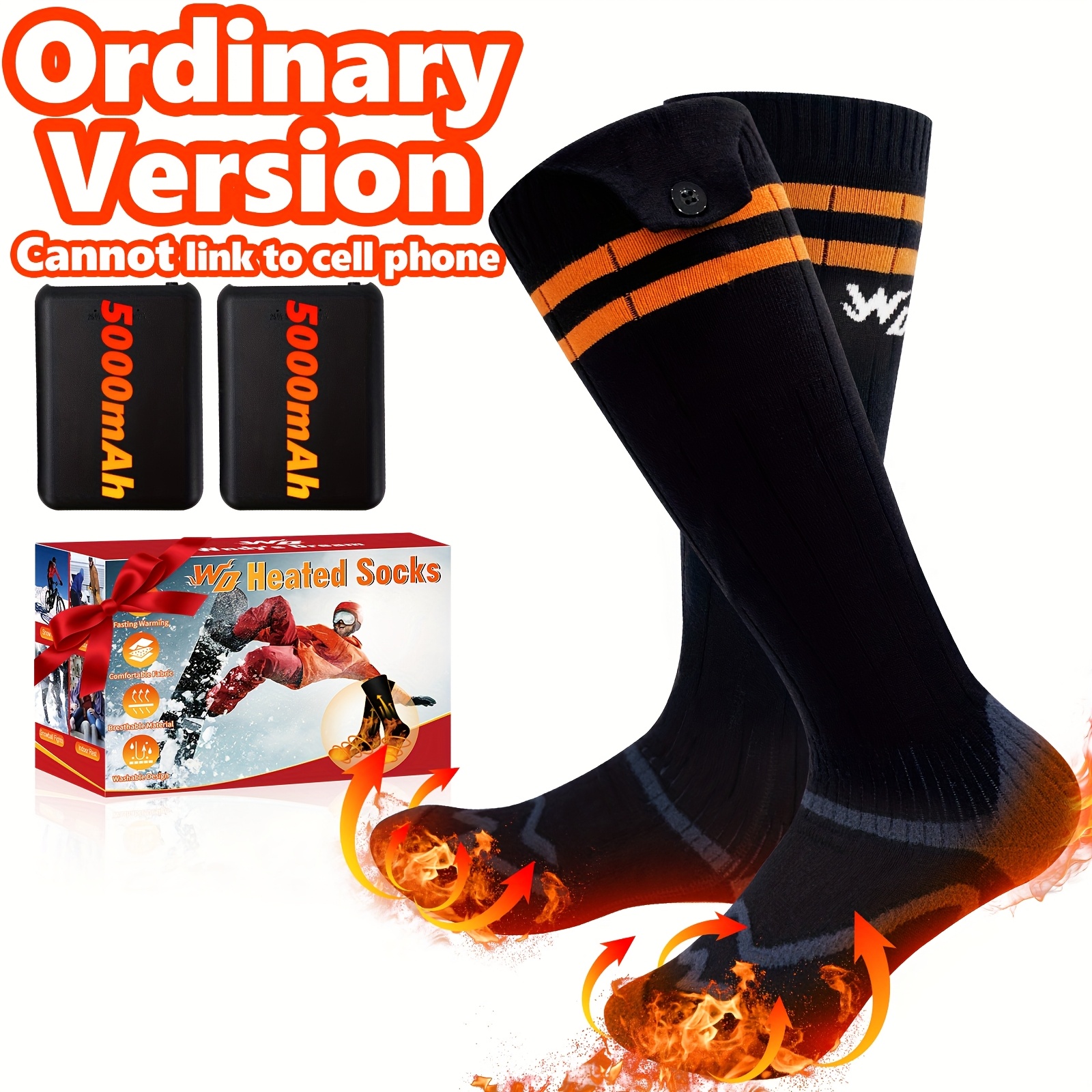 TEMU [] Socks With 5000mah Rechargeable Battery - Washable Winter , Black With Orange Stripes, Ideal For Outdoor Activities Like Fishing, Biking, Camping, And Hiking, | Kneehigh Socks| Socks