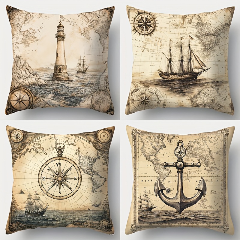 E-shop 4er Set, Sommer Segelboot Ozean Muster Kissenbezüge, 45,01 x 45,01 cm, Bequemes Matching, Praktisch Ästhetisch, Maschinenwaschbar, Mit