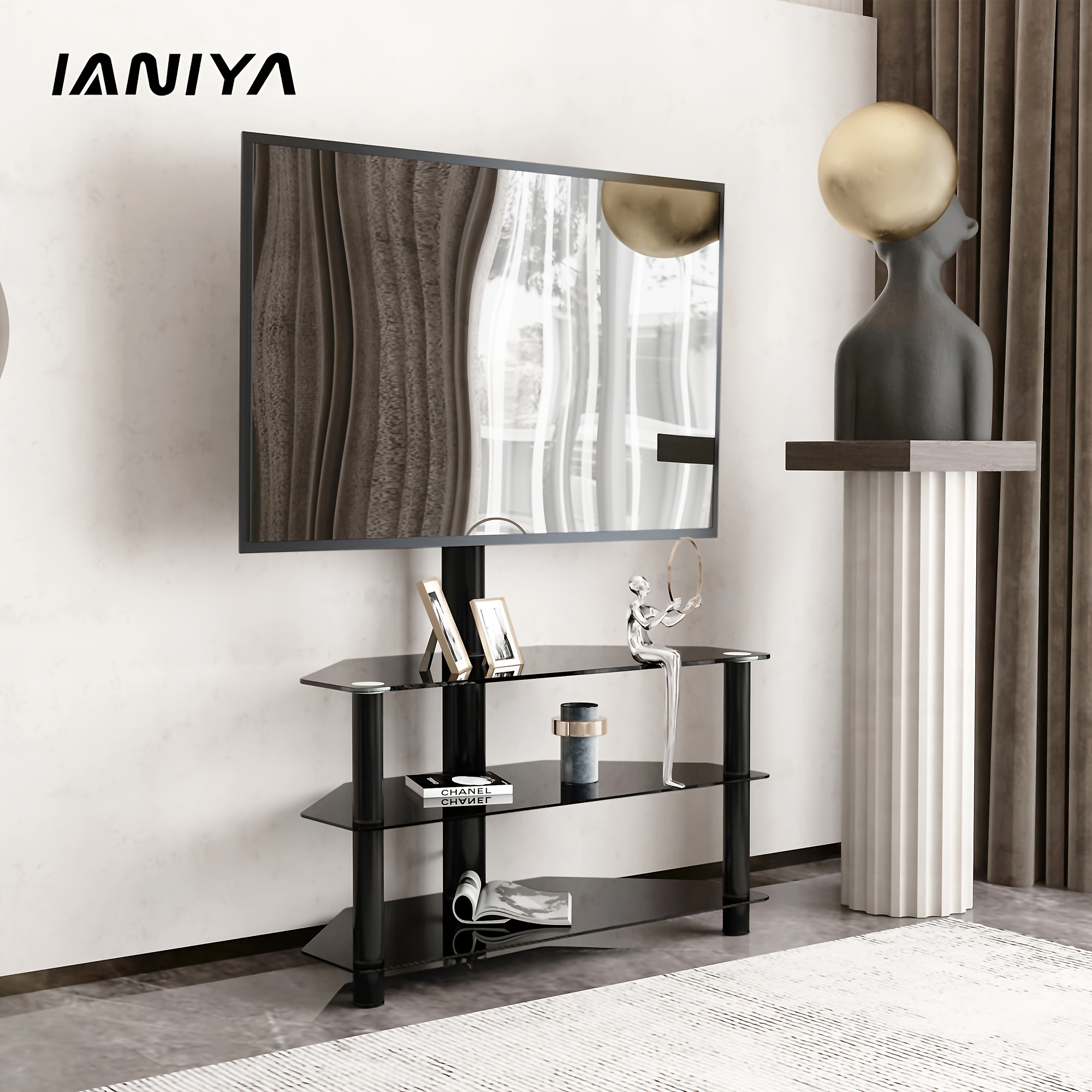 

Ianiya 35.4 Inch Black Tv Stand Height Adjustable Bracket Swivel 3-tier