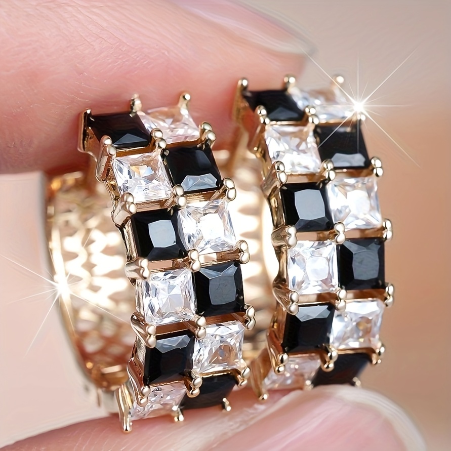 Image of A Pair Of Square White + Black Synthetic Zirconia Checkerboard Earrings For Everyday Wear, Ear Clips, Mother's Day, Halloween Gift