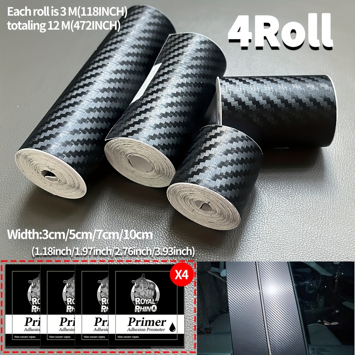 TEMU 4 Rolls Of 4 Sizes Carbon Fiber Sticker - Self-adhesive Black Decorative Car Film, 118.11 Inches/roll, Durable And Weather-resistant, Suitable