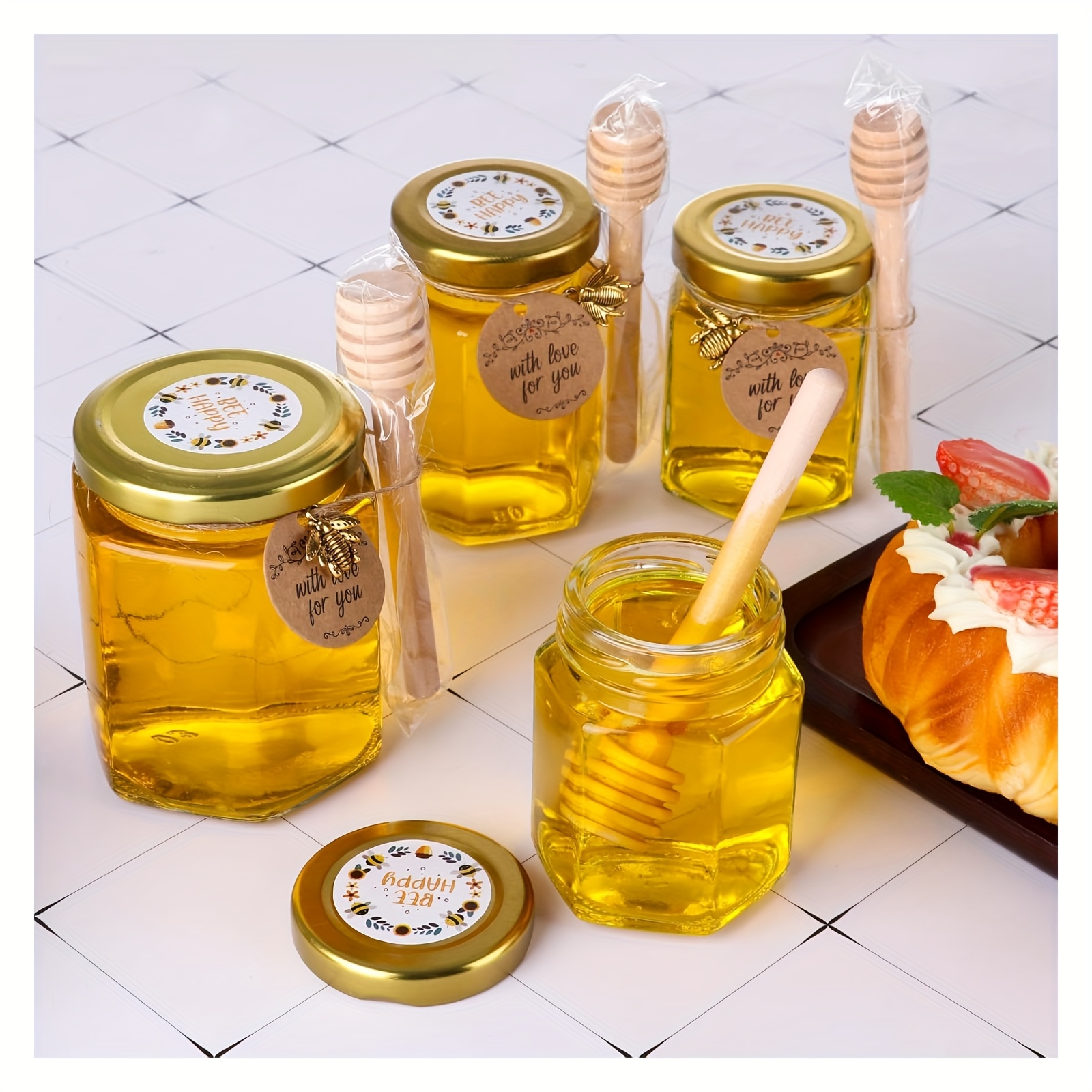 HO2 HOME PARIS Lot De 50 Mini Pots à Miel En Verre Avec Couvercles Dorés, Cuillères Bois Et Décorations Abeille - Idéal Mariage Et Cadeaux