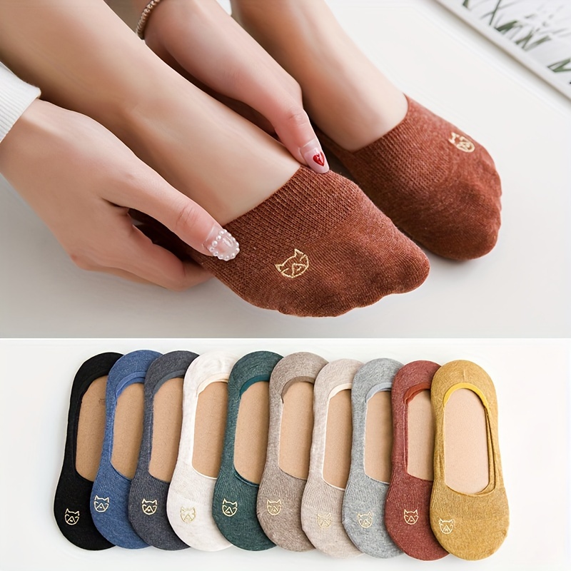 

10 Pairs Women's No Show Socks, Non-slip Solid Invisible Boat Socks, Low Cut Liner Socks With Cute Cat Embroidery