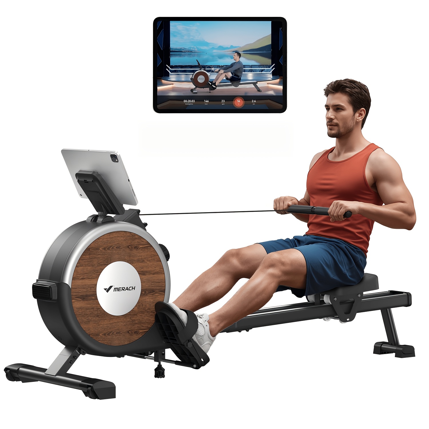 Merach Home Rowing Machine With Magnetic Quiet Resistance, 16 Adjustable Levels, 350lbs Weight Capacity, Bluetooth , And Smooth Dual Rails