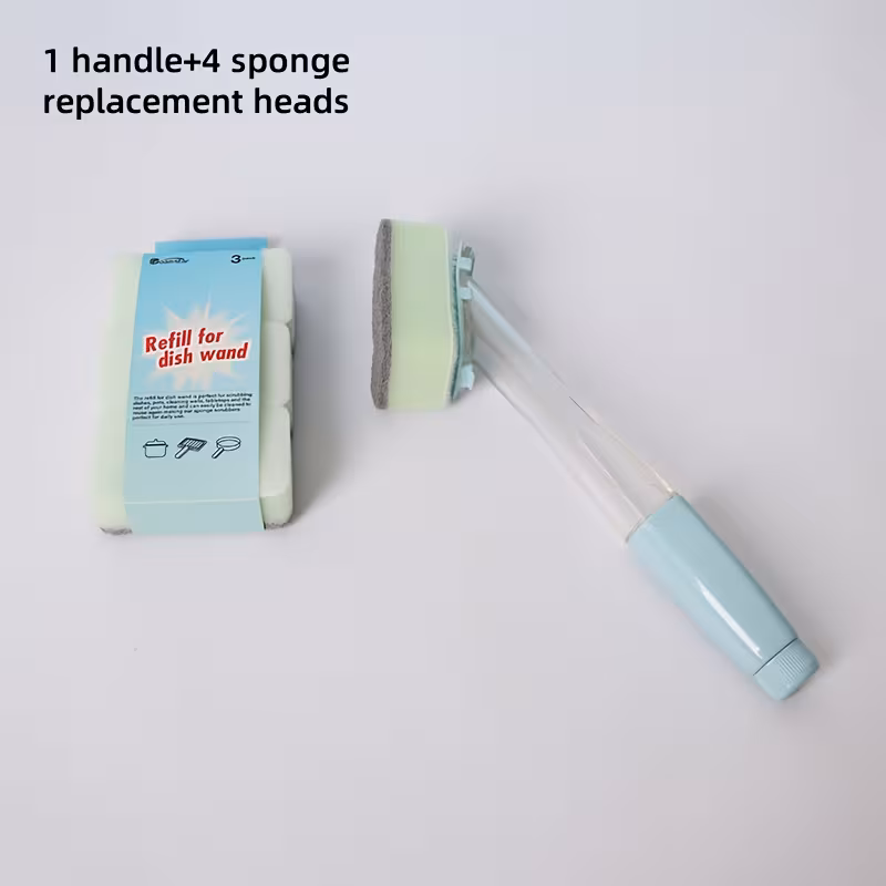 one handle with four sponge replacement heads a long handled sponge brush with interchangeable sponge heads a versatile cleaning tool for kitchen utensils water bottles and bathrooms a durable essential for household cleaning Product details 6
