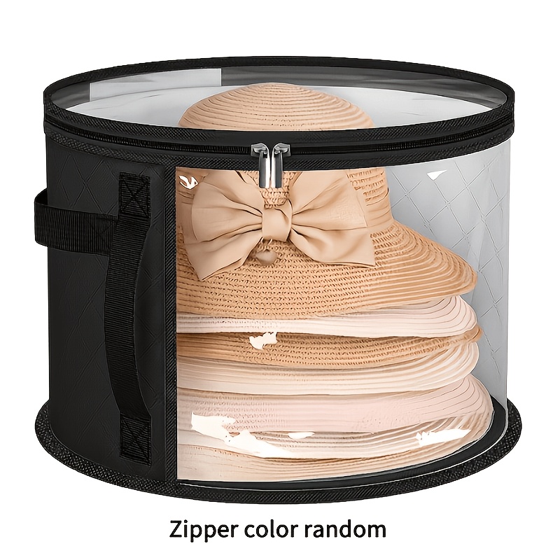 TEMU Extra Large Hat Storage Box - Lightweight Transparent Window With Double Zipper Design, Foldable Non-woven Accessory Storage Bin With Reinforced