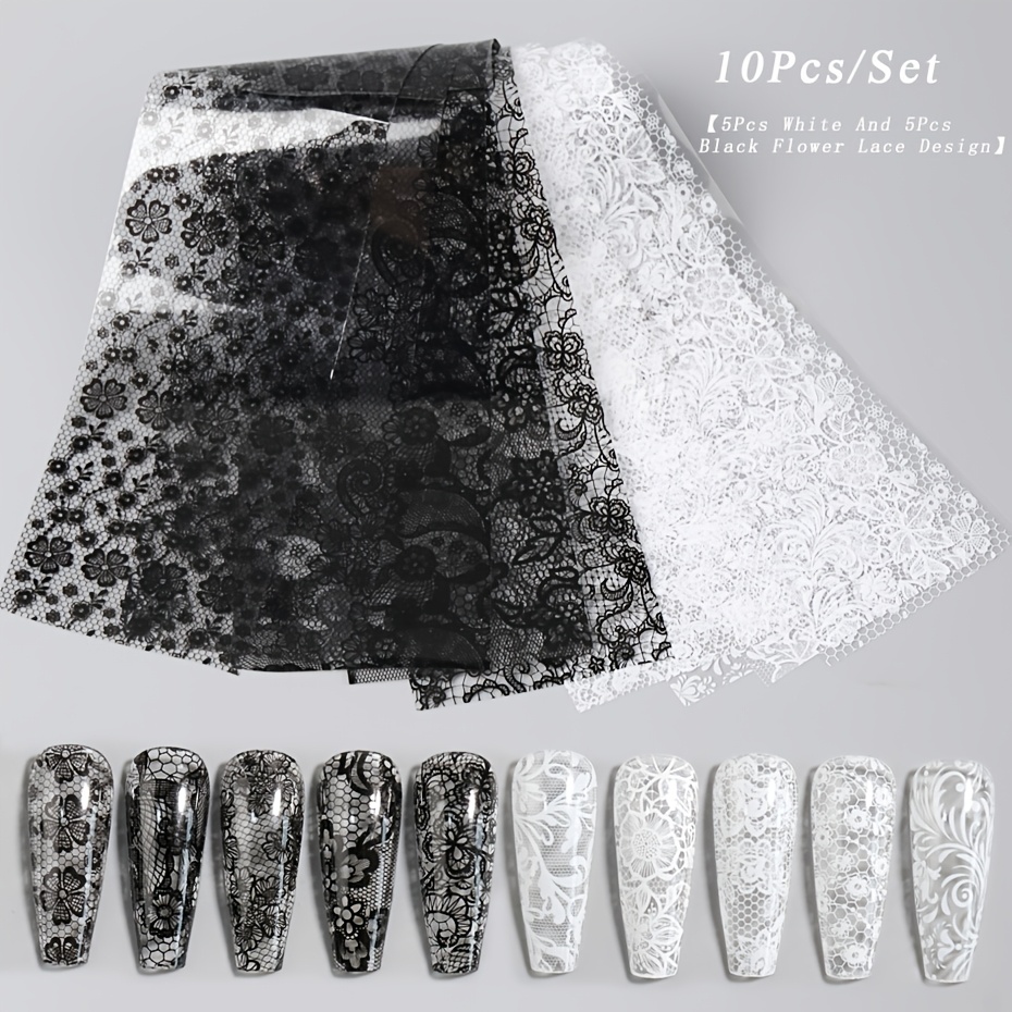 TEMU 10pcs/bag Elegant Black White Lace Nail Transfer Foil Set Hollow Flower Mesh Vintage Lace Nail Transfer Paper Bridal Wedding Nail Stickers Foils