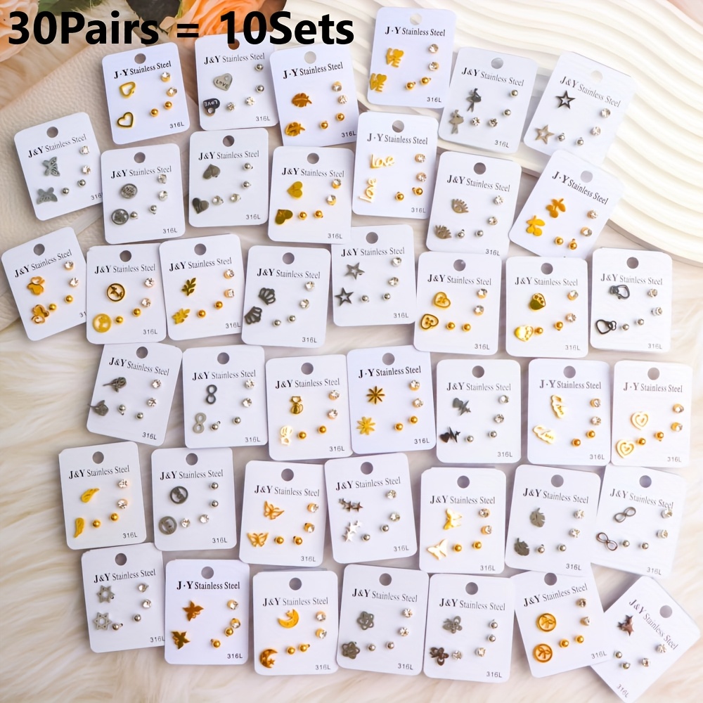 E-shop 15/30 Paare/Einzelpaar einfache, modische und Edelstahl-Damenohrringe mit Krone, Herz, Schmetterling, Sternenmuster-Design, geeignet für den