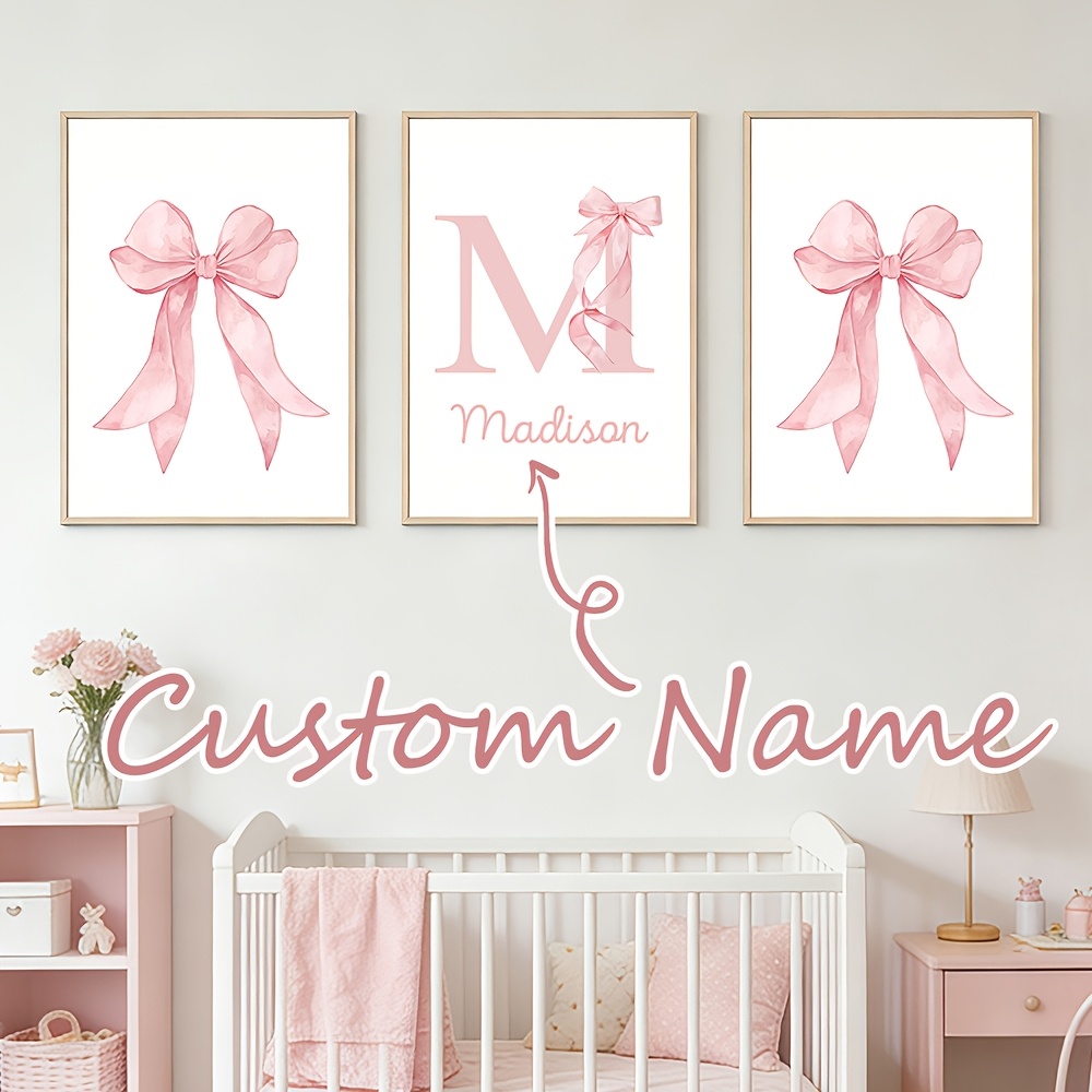 TEMU 3pcs Custom Pink Bow Name Wall Art | Personalized Initial Decor For Girls, Heart Rose Bow Canvas Print, Cozy Nursery, Shower Gift, Ideal As
