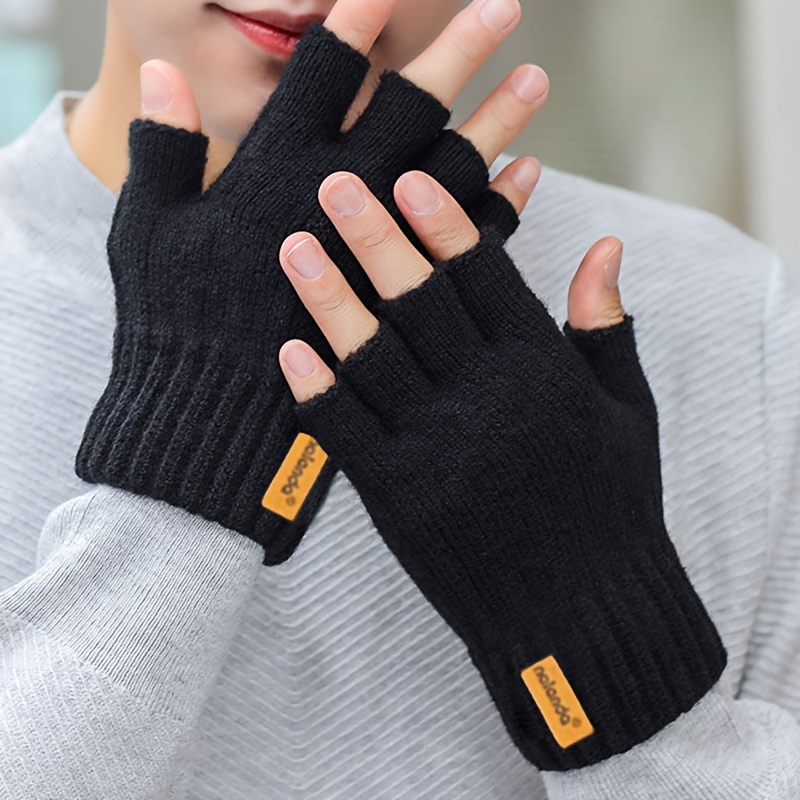 

Unisex Knitted Fingerless Gloves - Polyester Blend, Stretchy Simple Style, Solid Color, Warm Outdoor Cycling Half-finger Gloves - Hand Washable