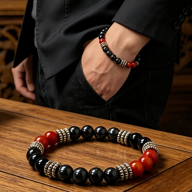 TEMU 1pc Black /tiger Eye Red Colored Stone Bead Bracelet, Elegant Retro Stable Color Palette, Beads Are Warm And Delicate With Texture, Elastic Cord