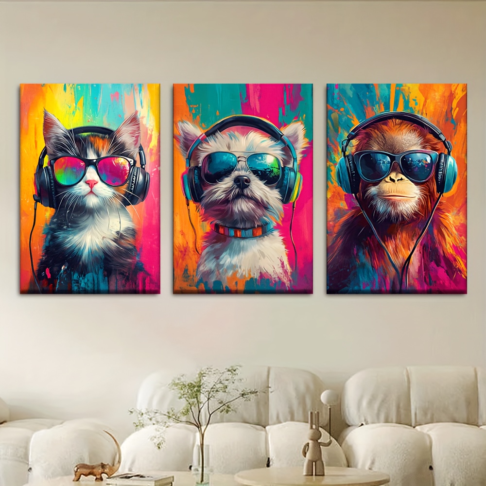 TEMU 3pcs/set, Canvas Painting--unframed, Wearing Headphones And Fashion Glasses, Cats, Monkeys, Dogs, Posters And Prints, Living Room, Library,