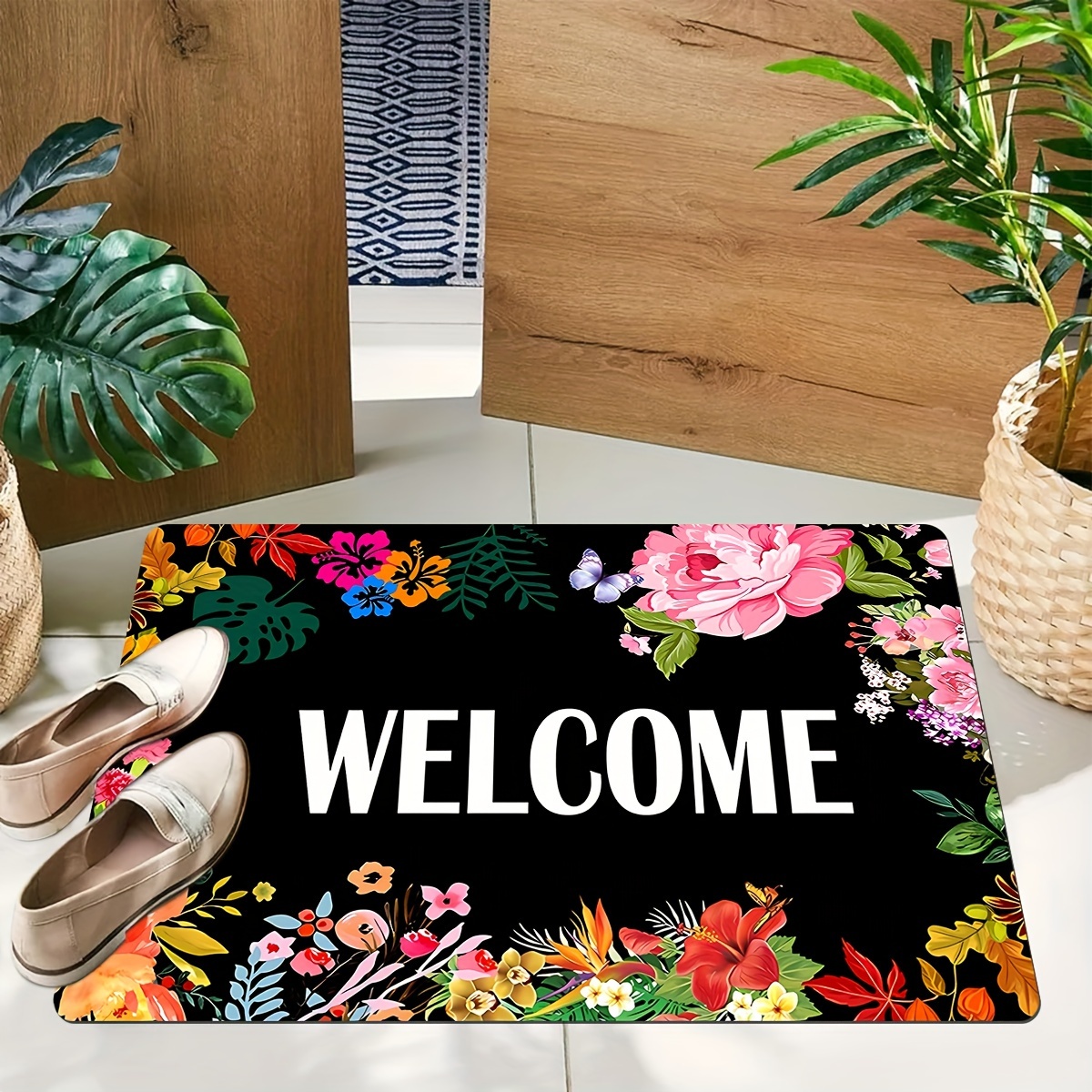 

1pc, Floral Welcome Mat, Creative Low-profile Funny Doormat, Modern Style Non-slip Mat For Home, Indoor/outdoor Use, Farmhouse Kitchen Patio Mat, Bathroom Entryway Rug