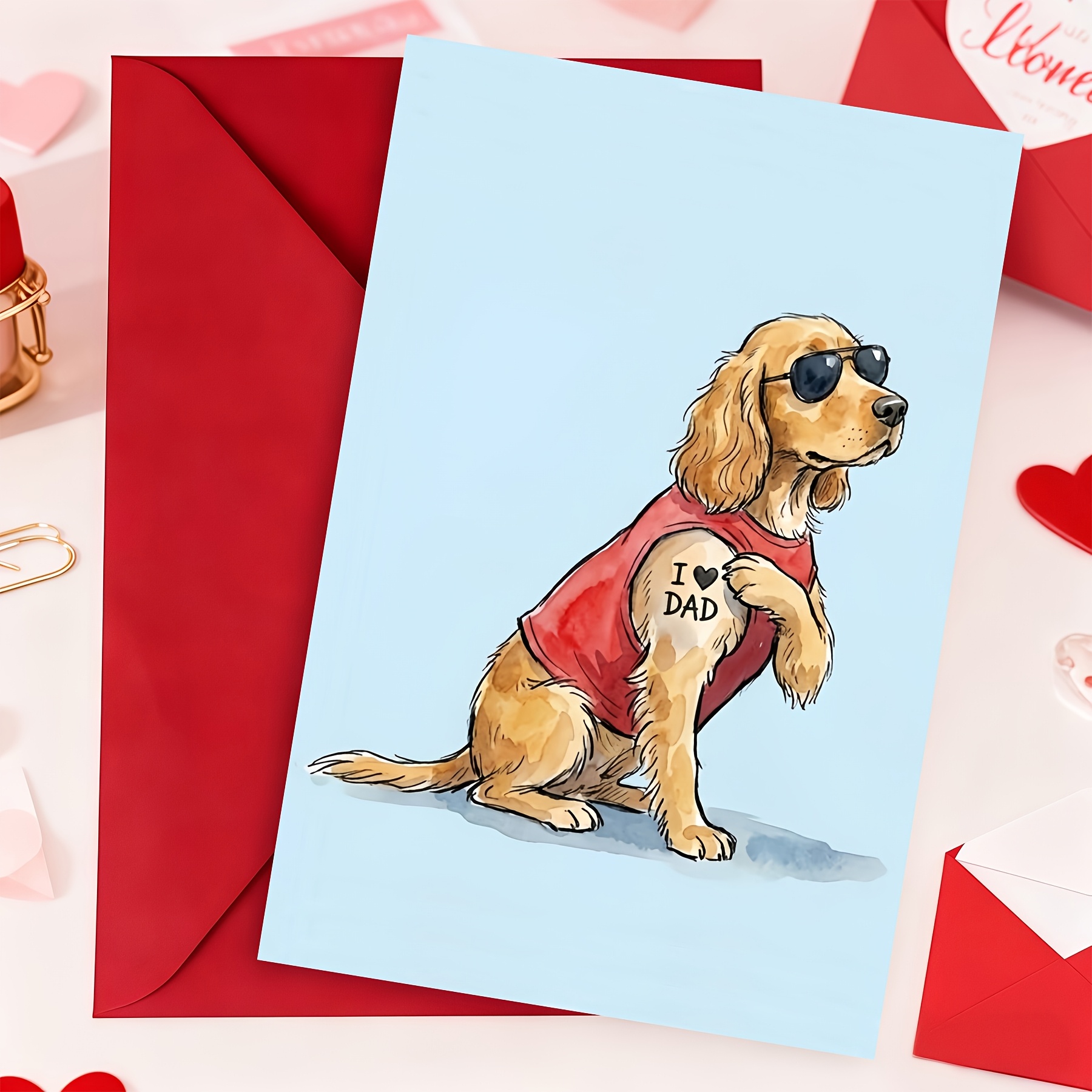 TEMU 1set " Golden Retriever Tattoo Father's Day Greeting Card With Envelope, Cool Dog Fashion Glasses Art Humorous Card, Dad Birthday, Father's Day,